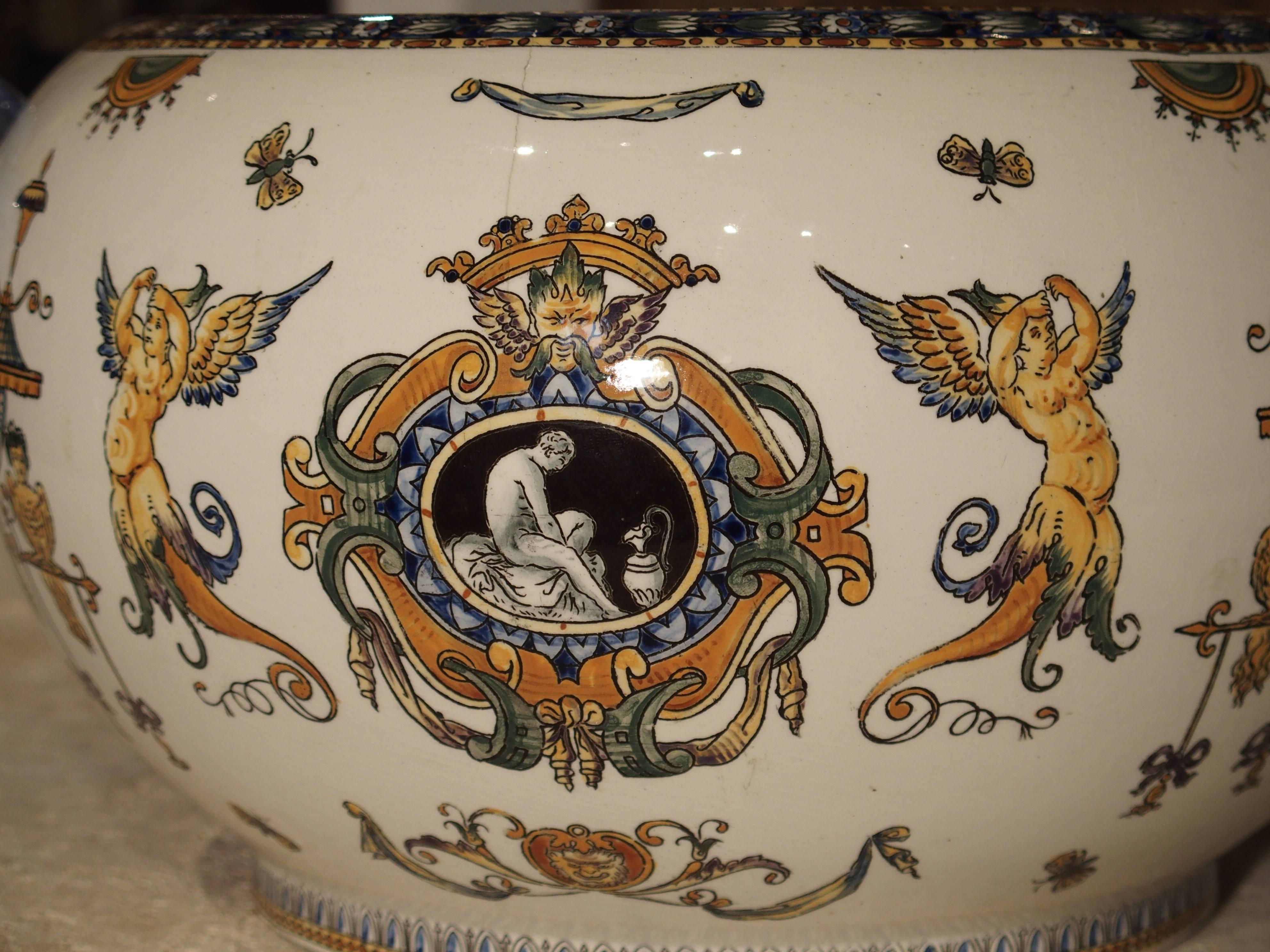 Renaissance Antique Gien Cachepot with Dolphin Handles from France, circa 1900