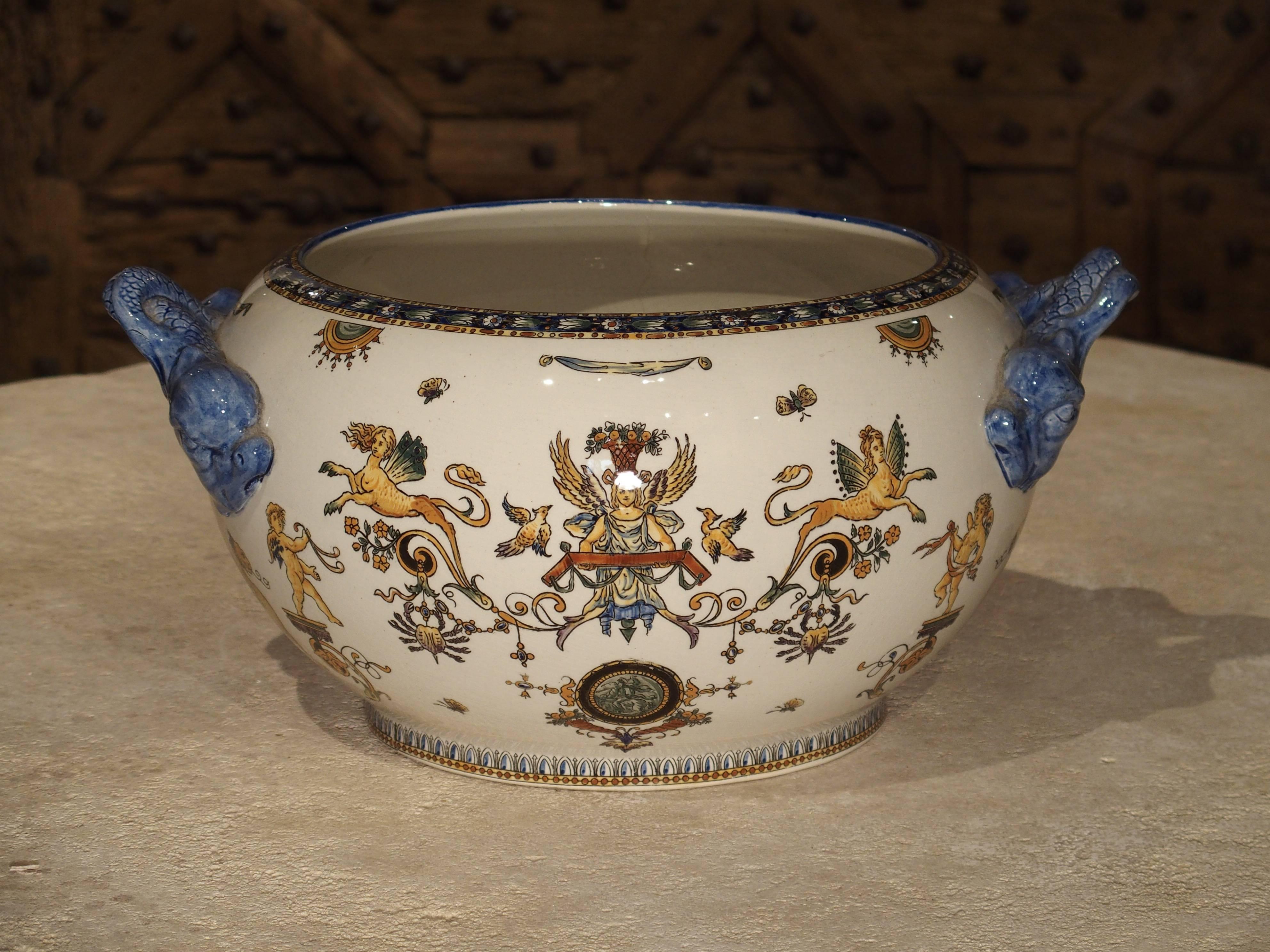 Antique Gien Cachepot with Dolphin Handles from France, circa 1900 2