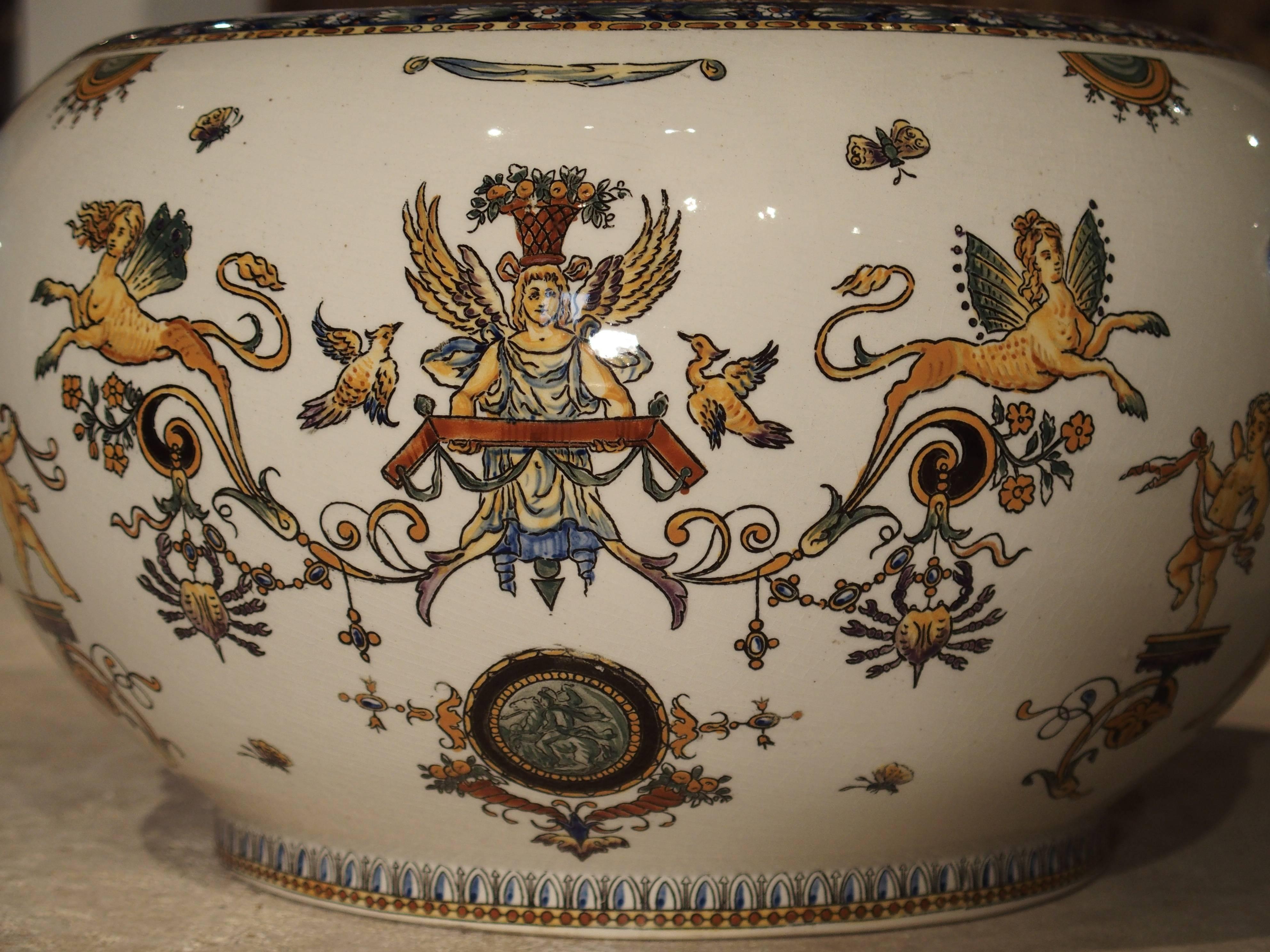 Faience Antique Gien Cachepot with Dolphin Handles from France, circa 1900