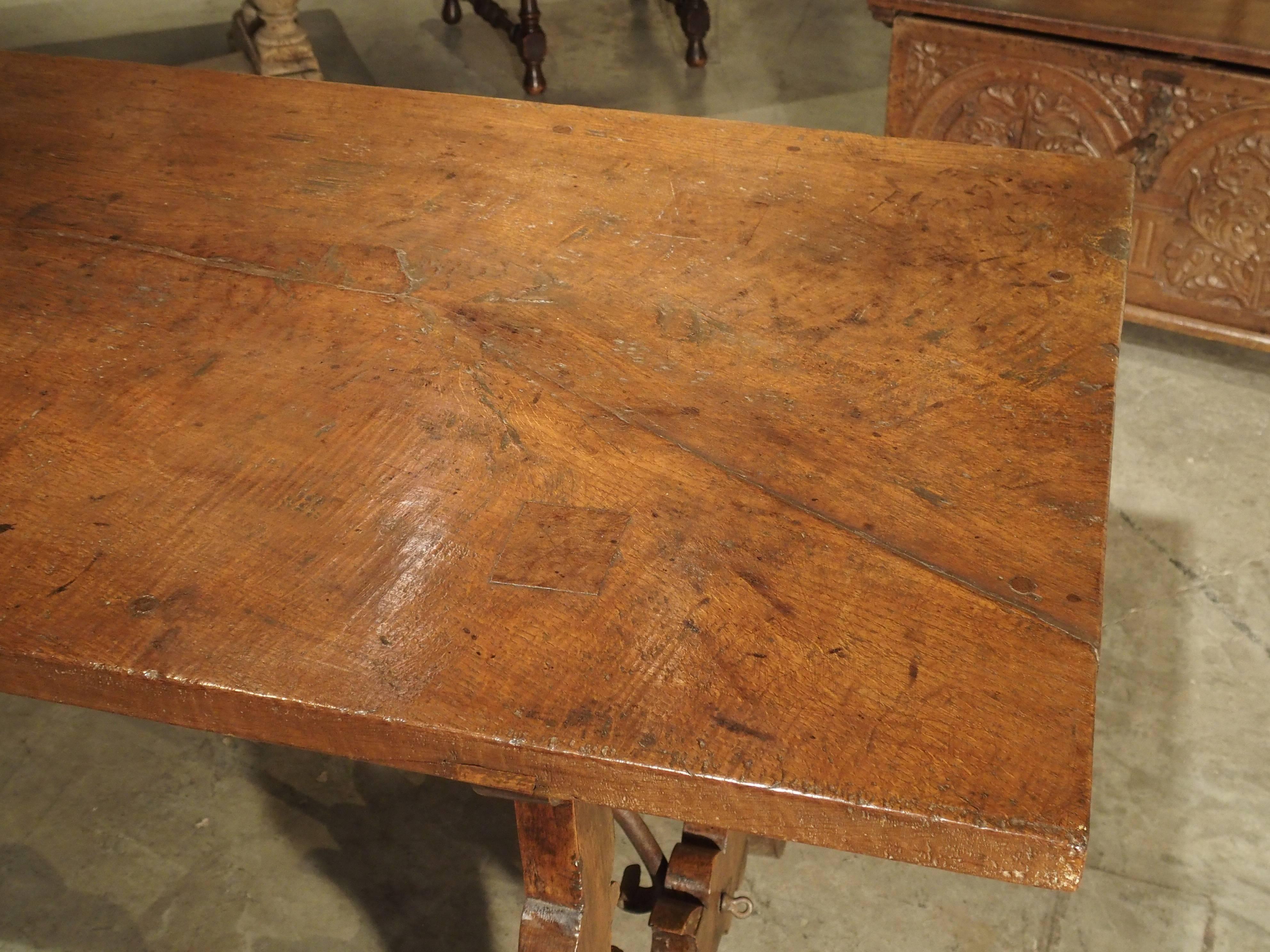 Iron Single Plank Oak and Walnut Wood Refectory Table from Spain, 18th Century For Sale