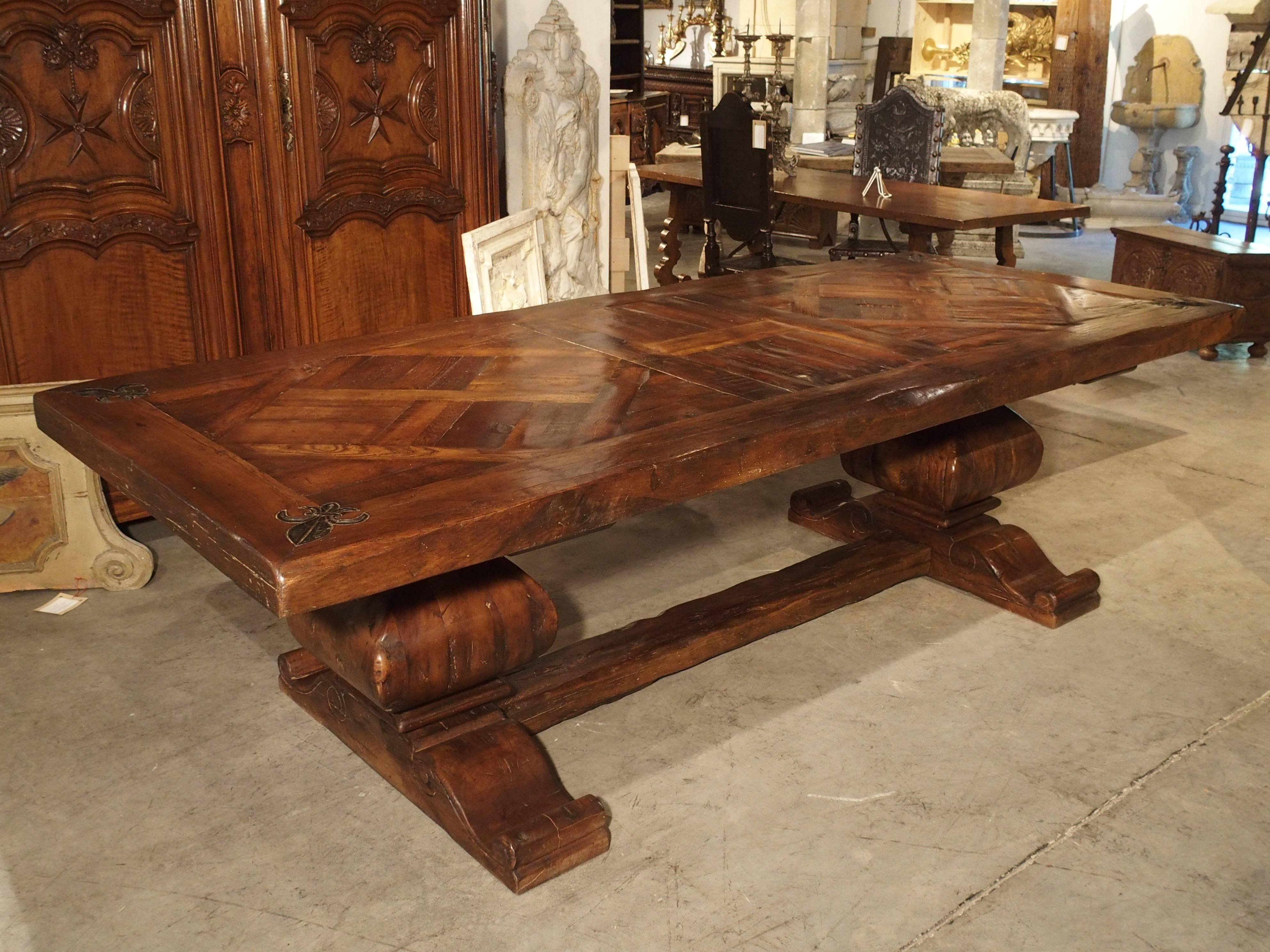 Large French Oak Dining Table with Parquet Top and Fleur De Lys Corners In Good Condition In Dallas, TX