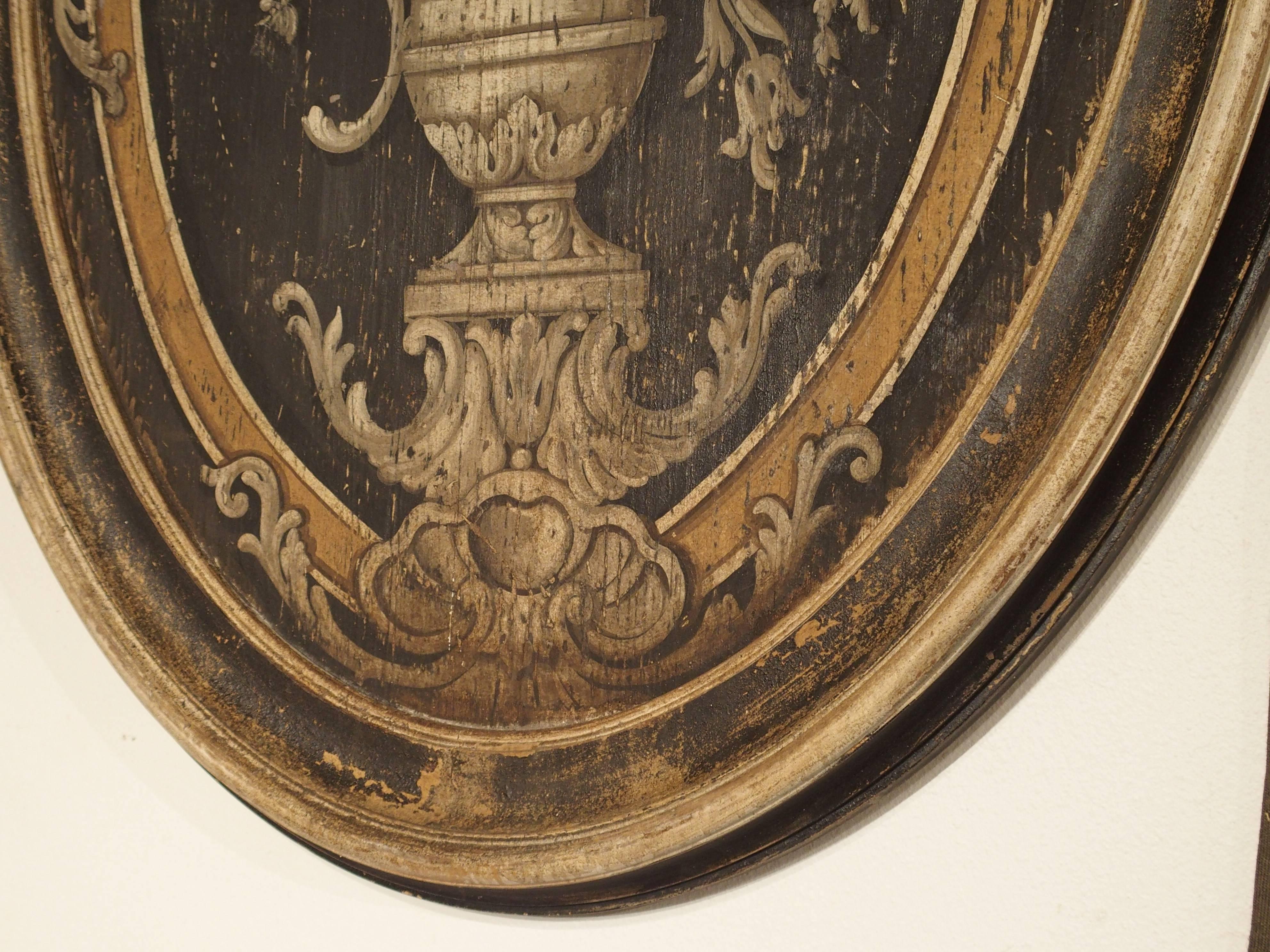 Italian Pair of Large Painted Wooden Oval Panels from Florence, Italy