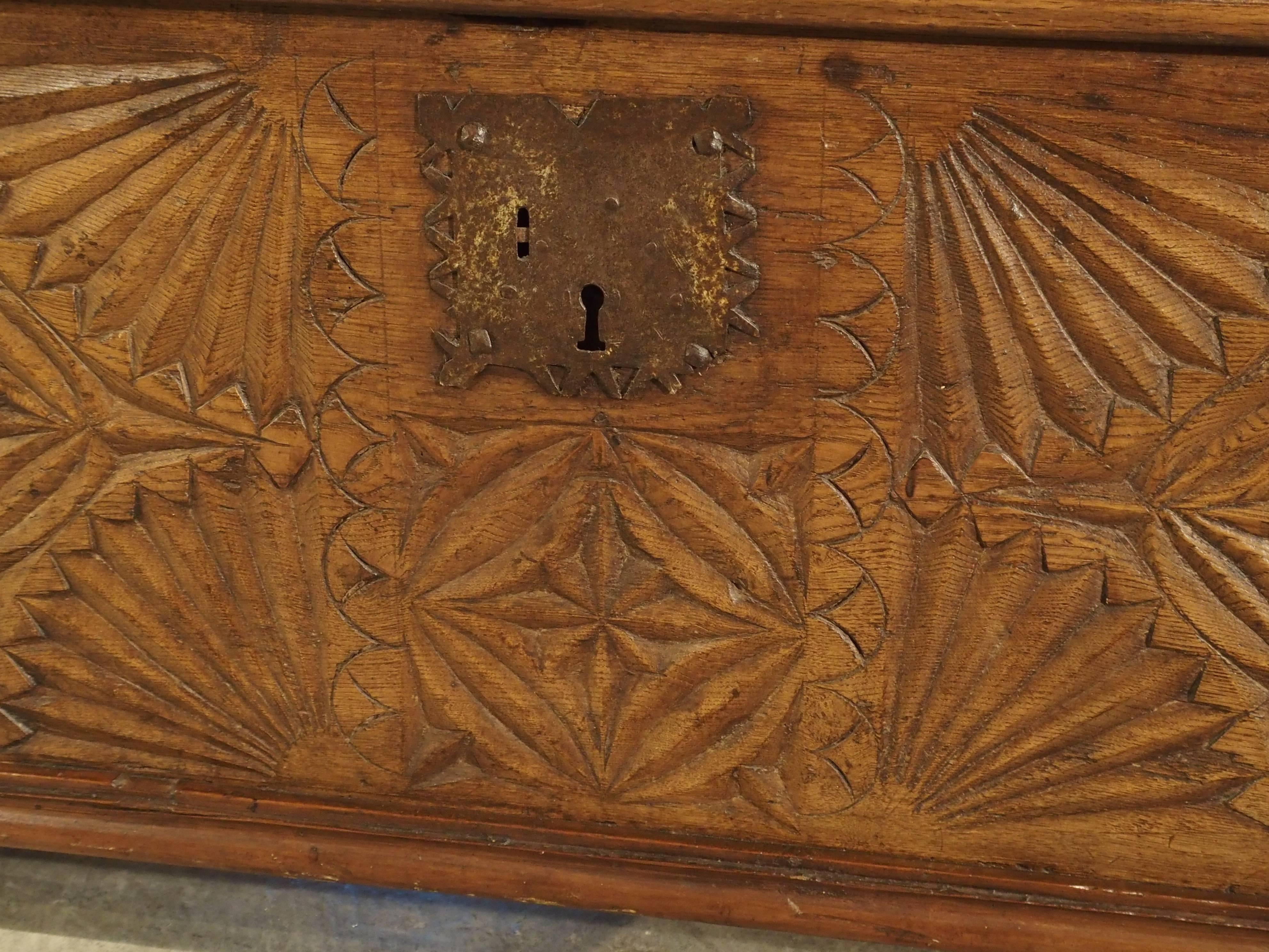 Oak Trunk from France with Detailed Hand-Carved Front Panel In Good Condition In Dallas, TX