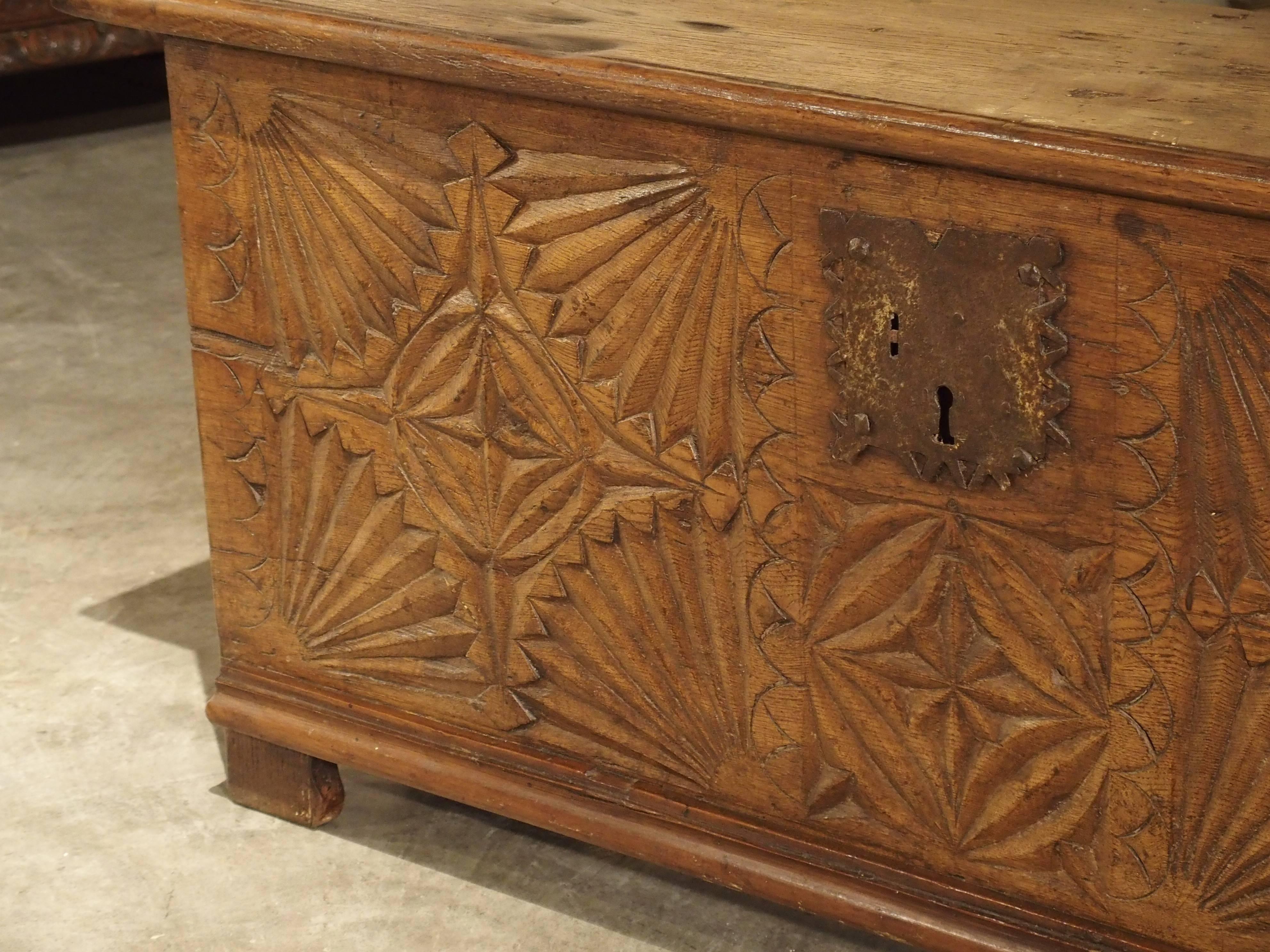 Contemporary Oak Trunk from France with Detailed Hand-Carved Front Panel