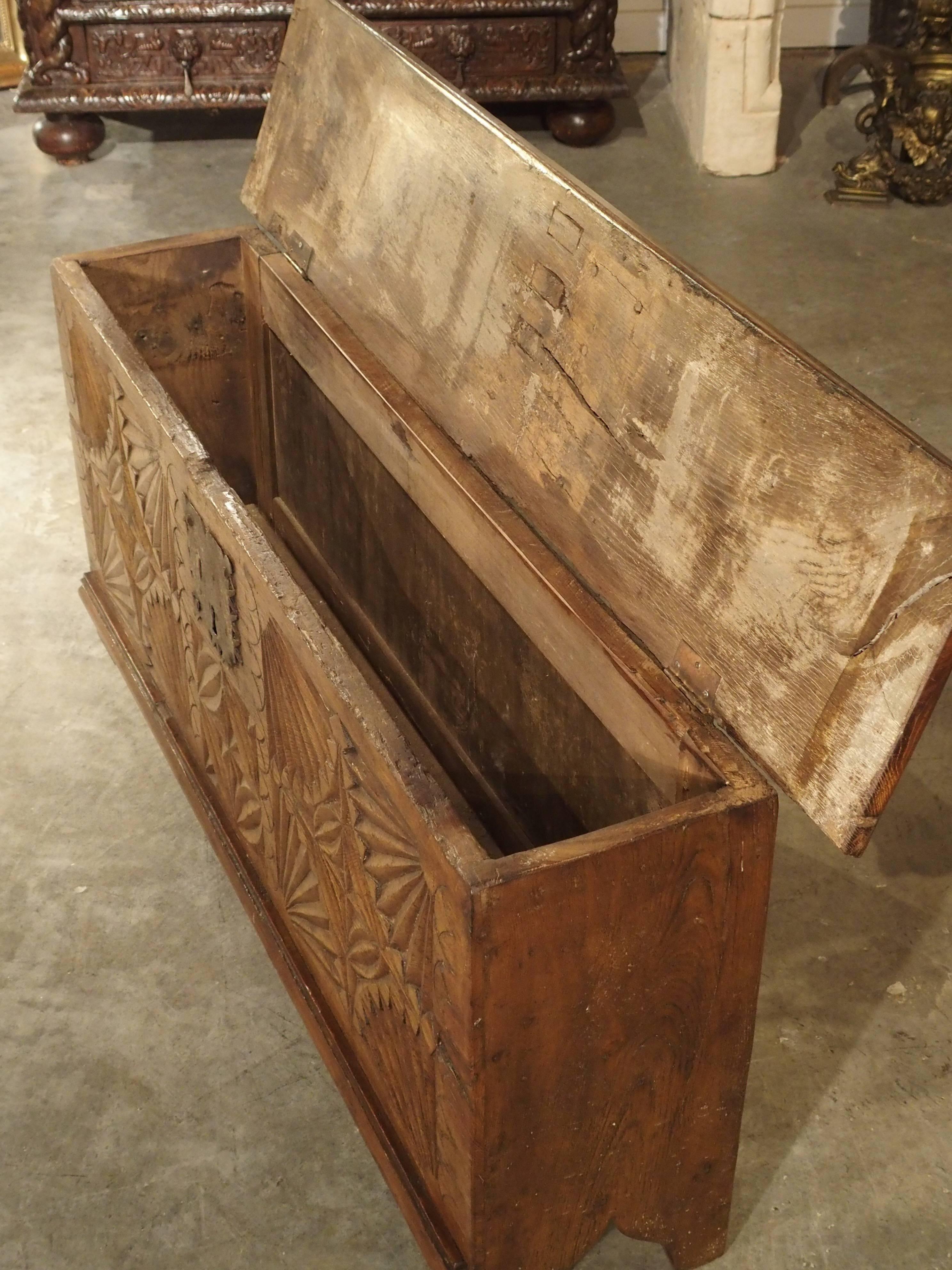 French Provincial Oak Trunk from France with Detailed Hand-Carved Front Panel