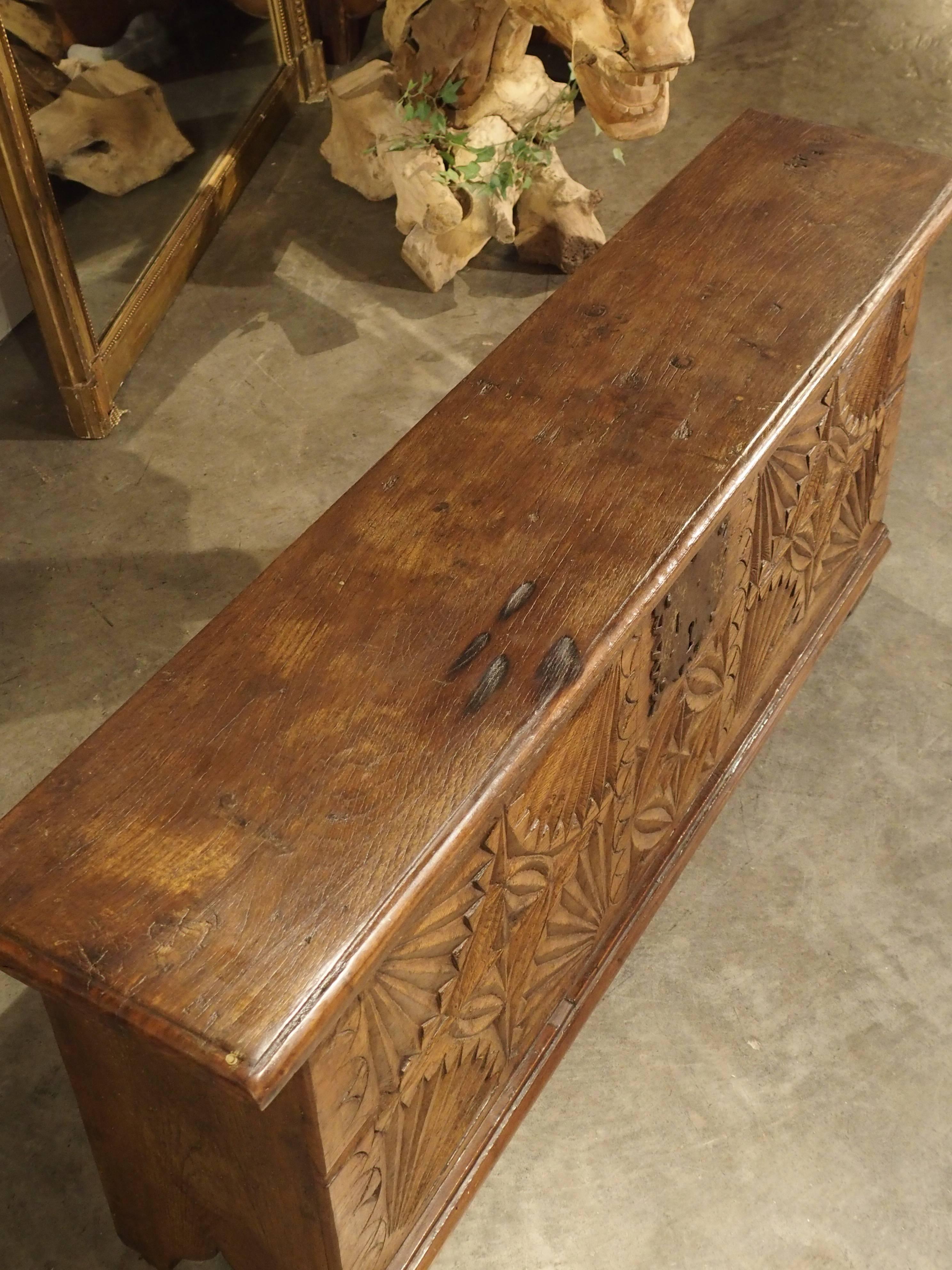 French Oak Trunk from France with Detailed Hand-Carved Front Panel