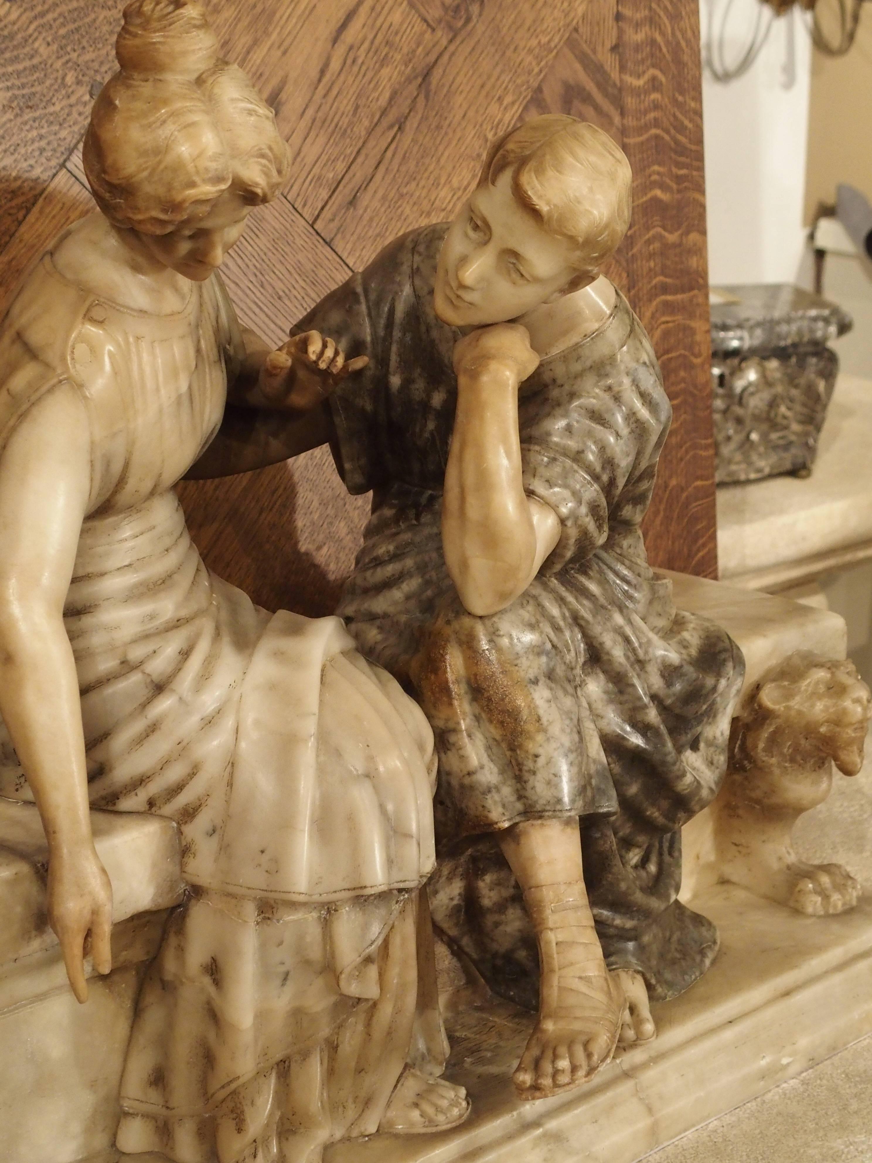 Late 19th Century Marble and Alabaster Carving of a Couple Seated on a Bench In Good Condition In Dallas, TX