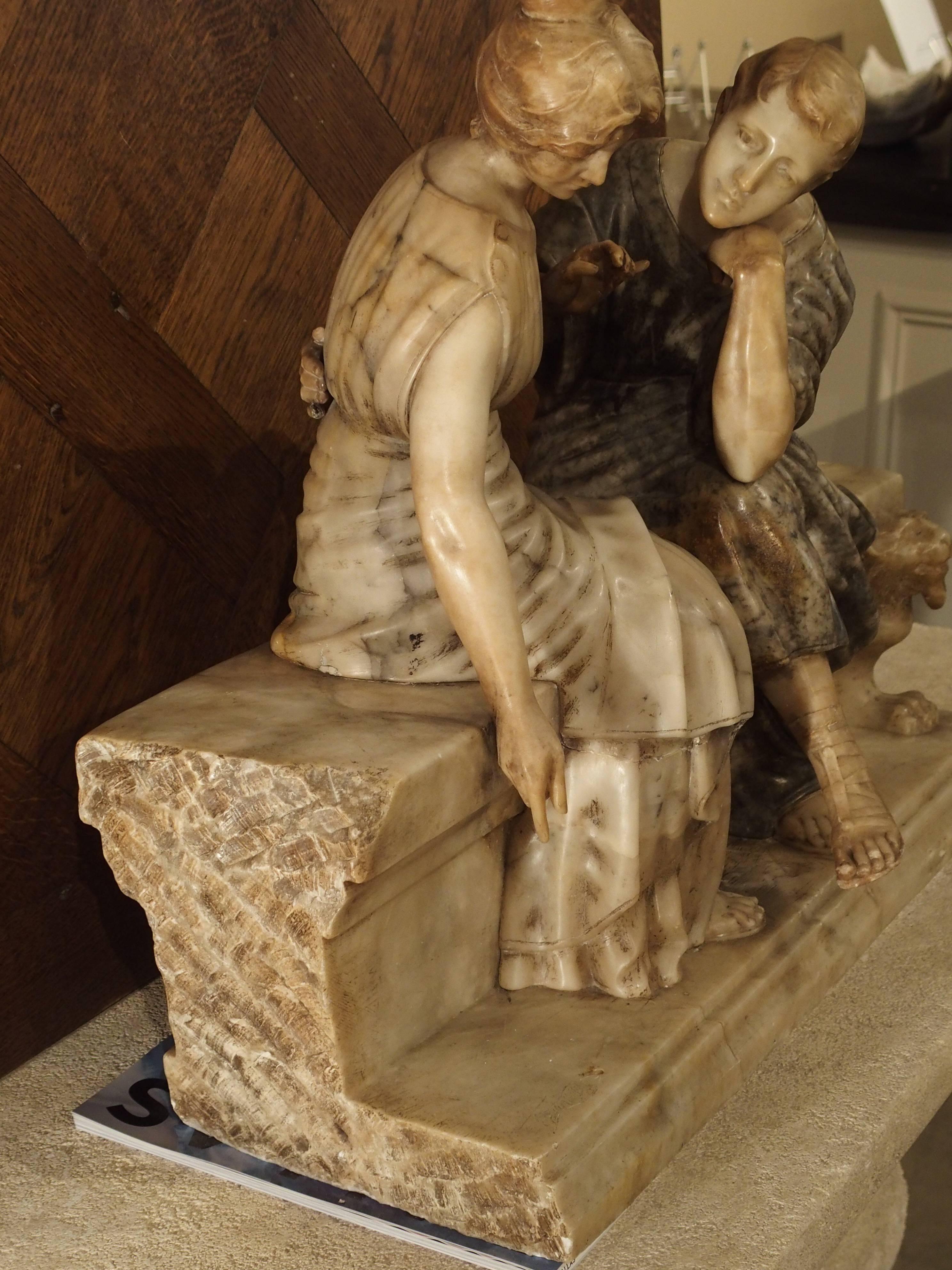 Italian Late 19th Century Marble and Alabaster Carving of a Couple Seated on a Bench