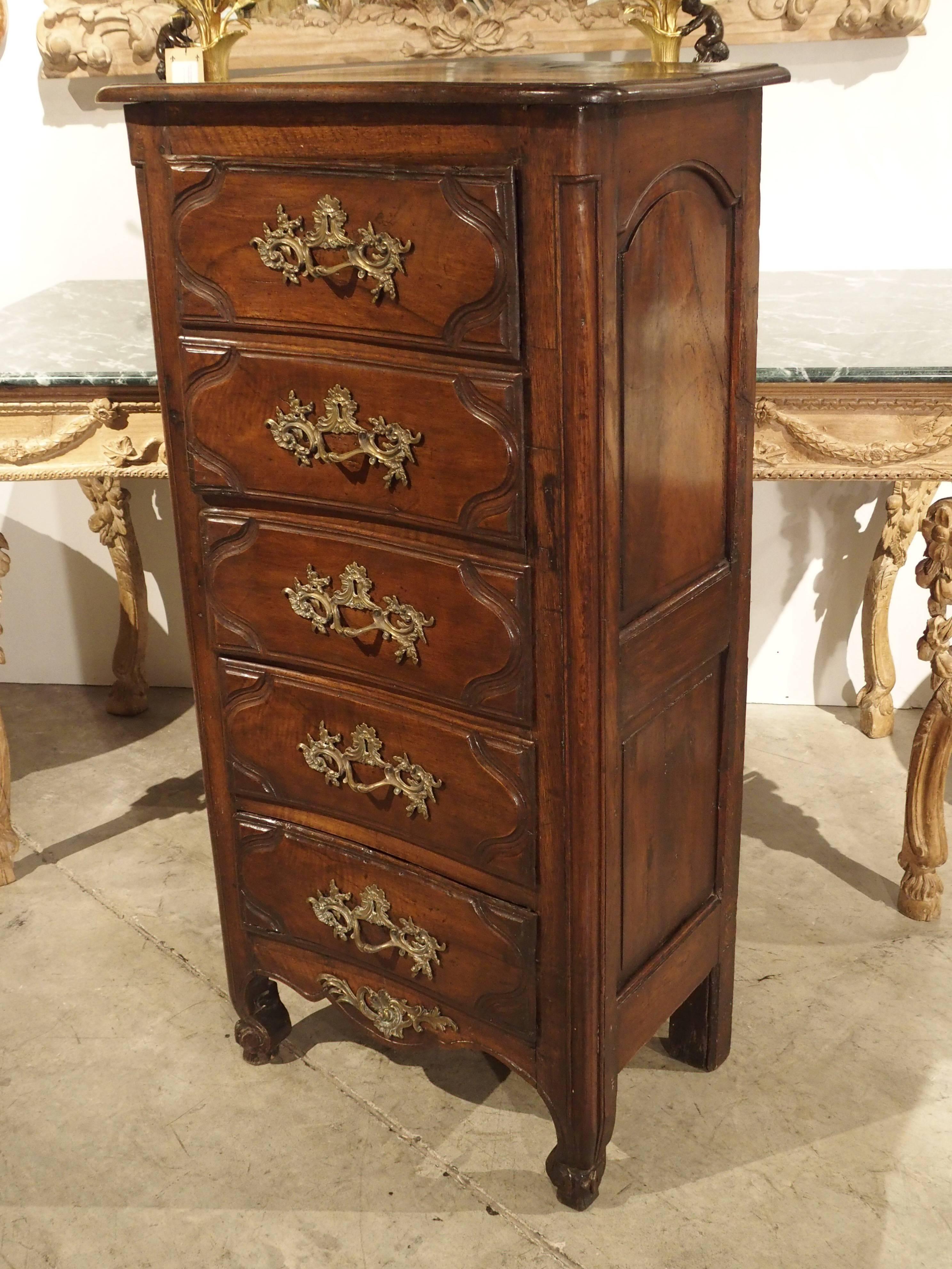 Hand-Carved 18th Century Walnut and Oak Chiffonier Chest of Drawers from France