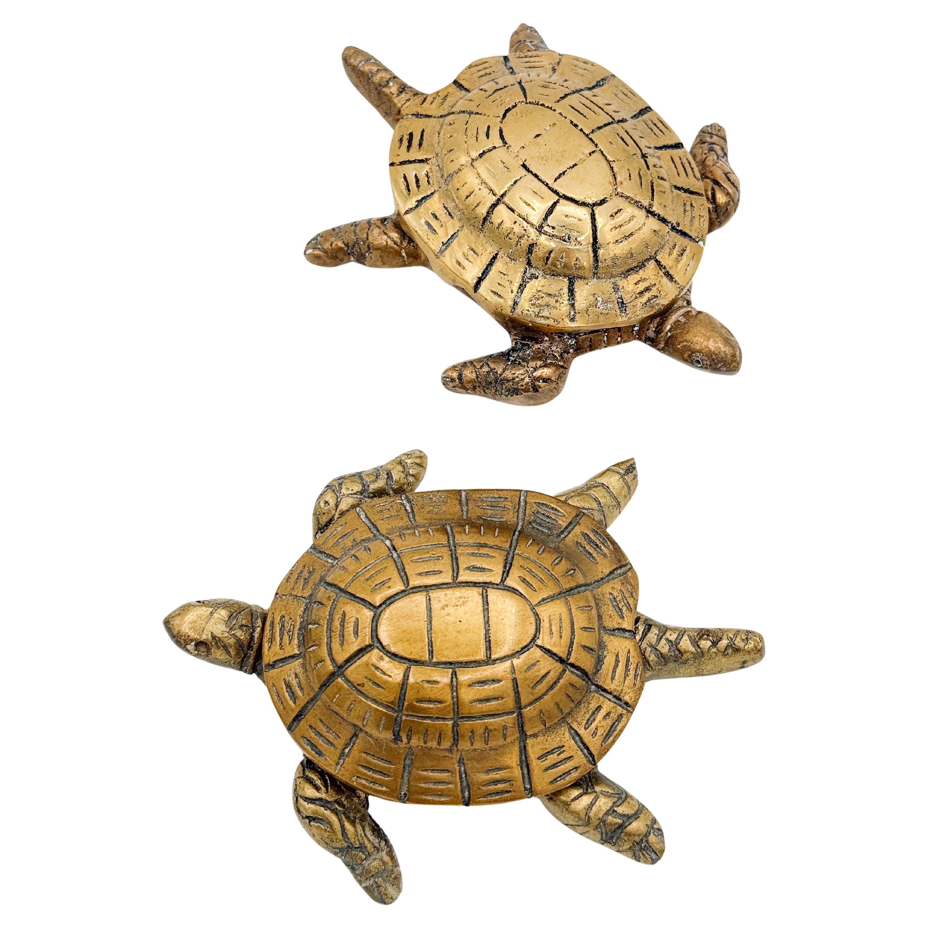 2 Vintage Mid-Century Brass Turtle Ashtray with Detachable Shell For Sale