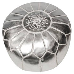 Moroccan Silver Faux Leather Pouf, Hand-Crafted Moorish Design