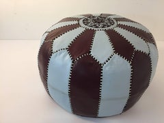 Vintage Moroccan Round Leather Pouf Brown and Blue Embroidered