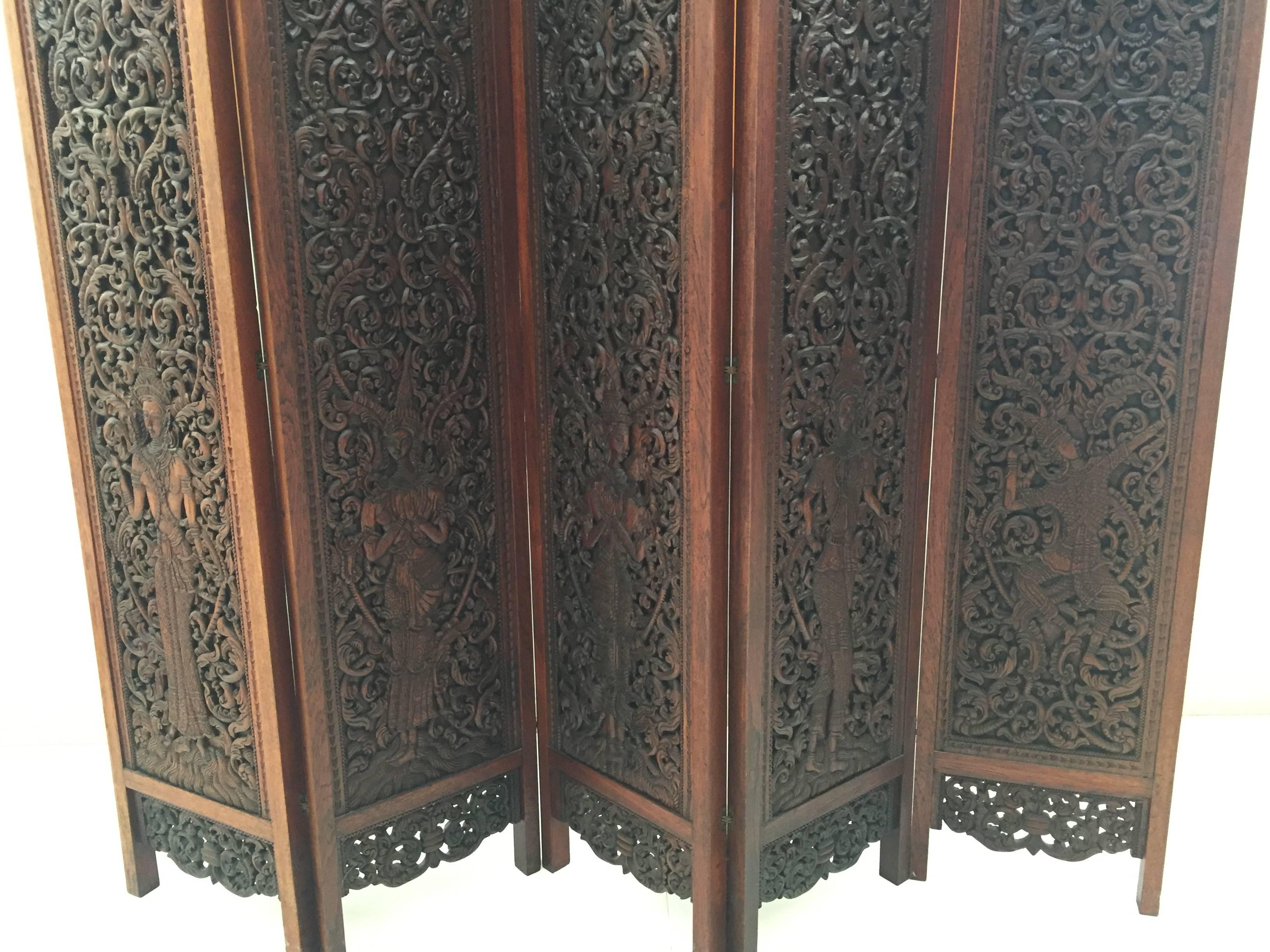 20th Century Asian Hand-Carved Wood Five Panels Double-Sided Folding Screen Room Divider