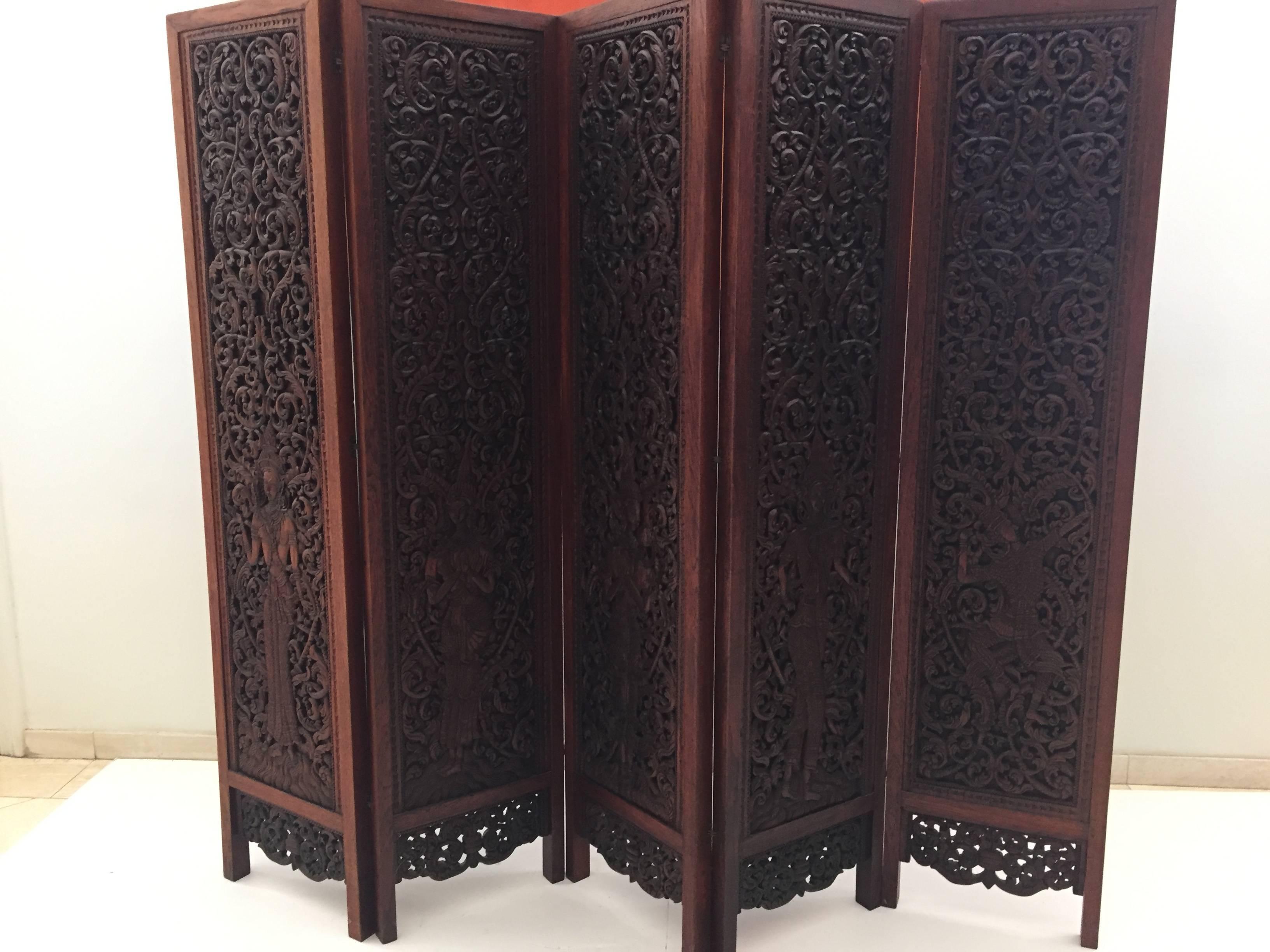 Asiatische handgeschnitzte Holz Fünf Panels Doppelseitige Faltwand Raumteiler 3
