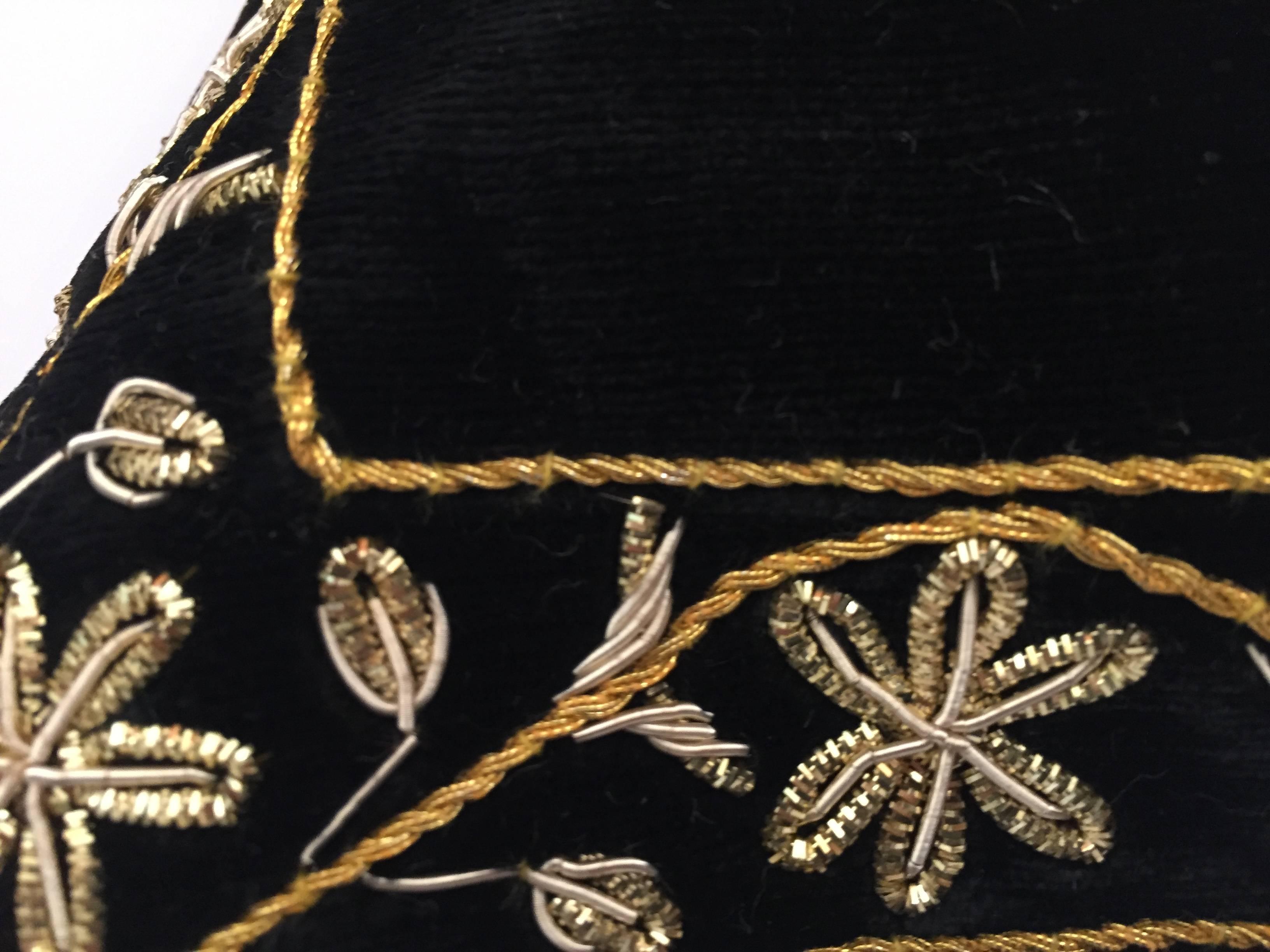 Indian Velvet Black Silk Throw Pillow Embroidered with Gold Peacock Design