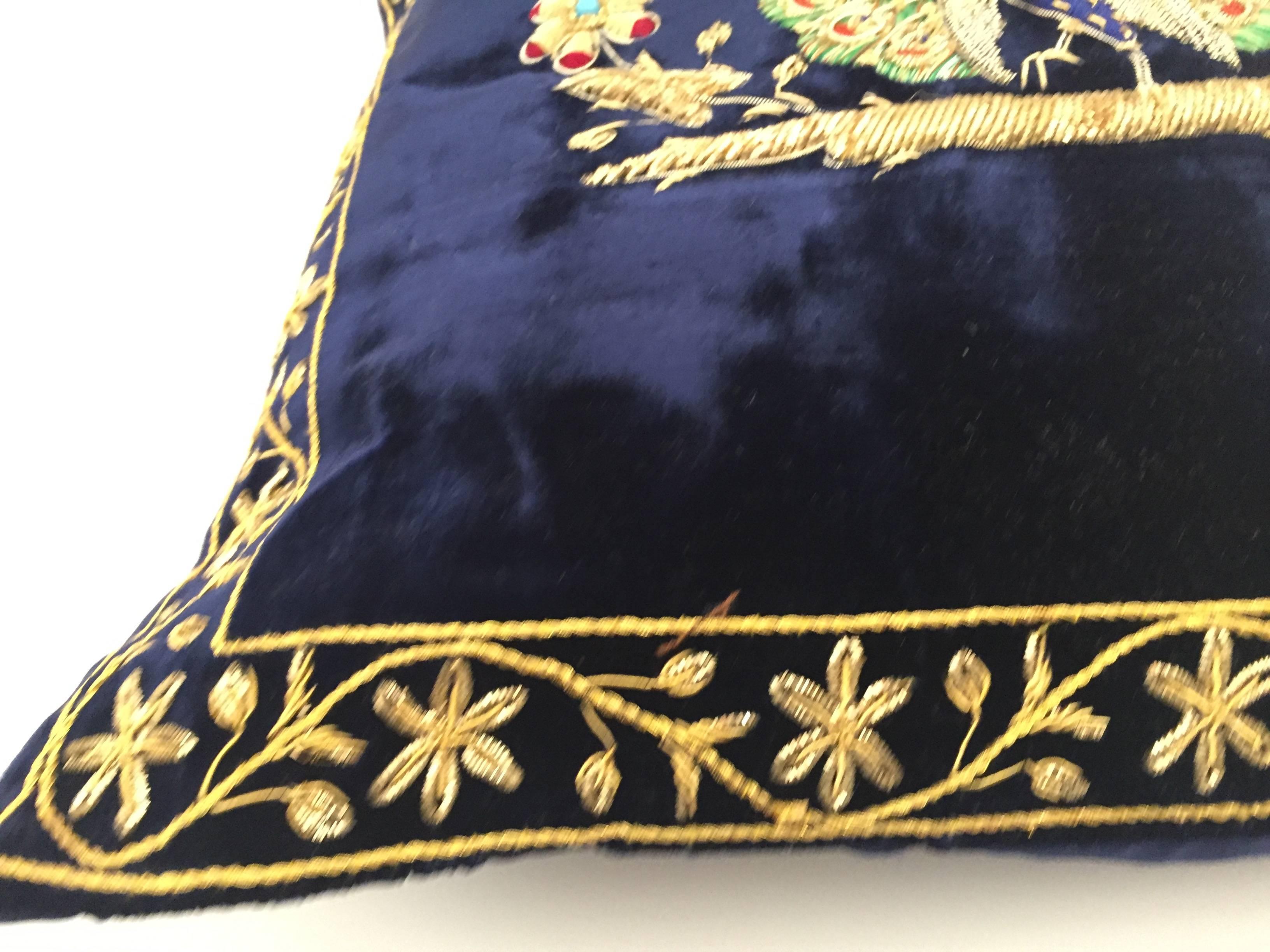 Indian Velvet Blue Silk Pillow Embroidered with Gold Peacock