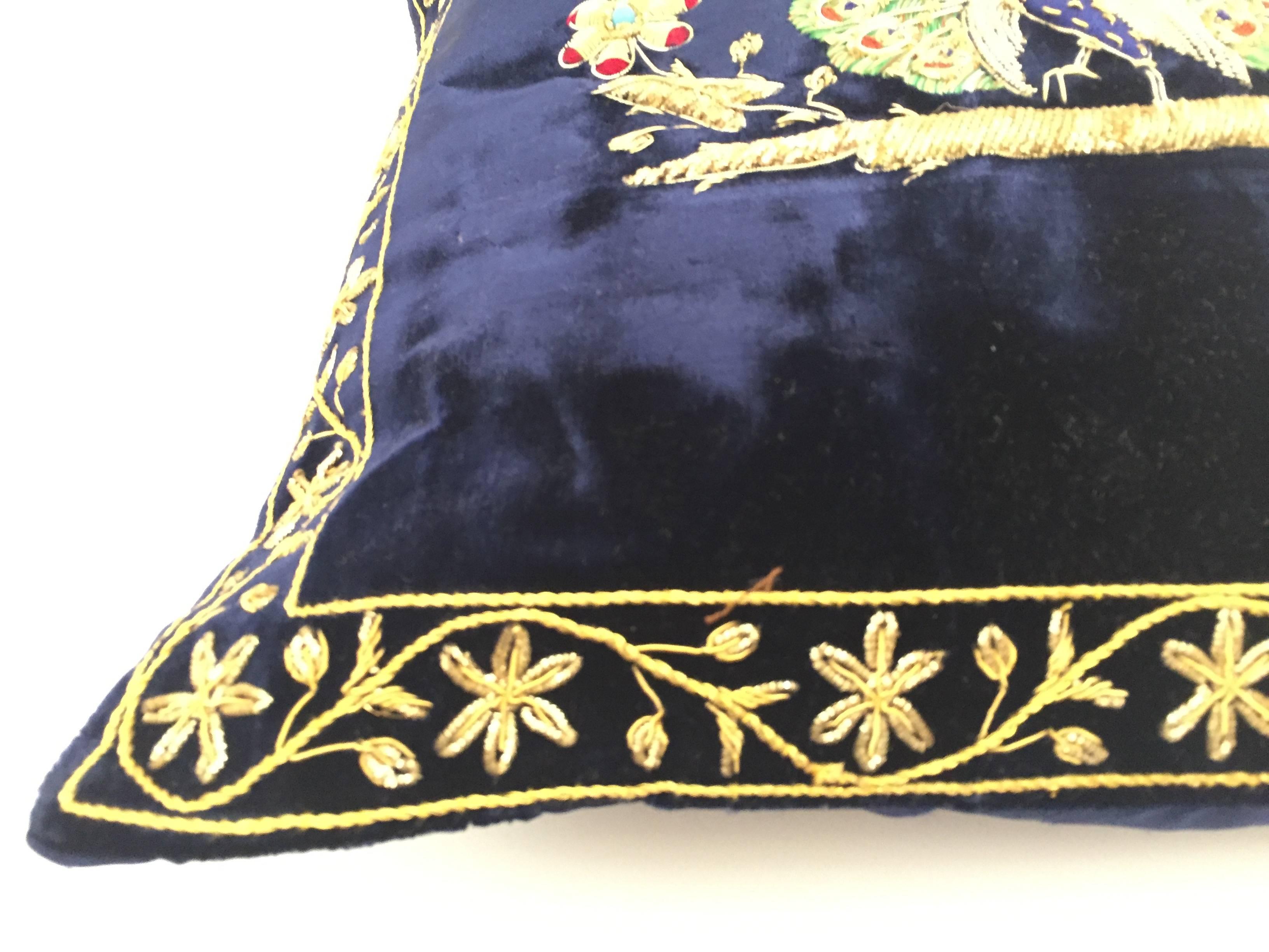 Anglo Raj Velvet Blue Silk Pillow Embroidered with Gold Peacock