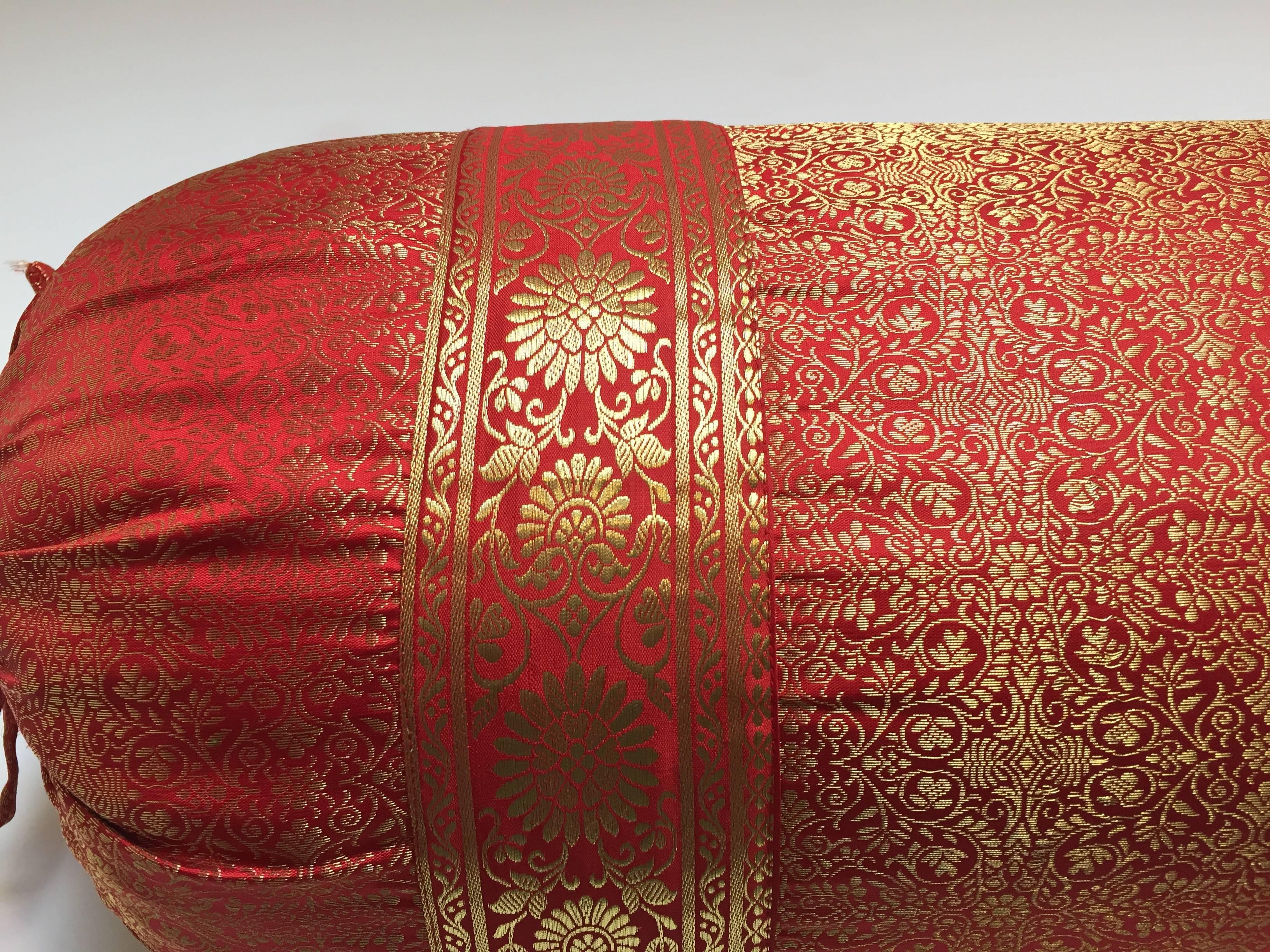 Indian Pair of Large Silk Bolster Pillows Made from Vintage Wedding Silk Saris