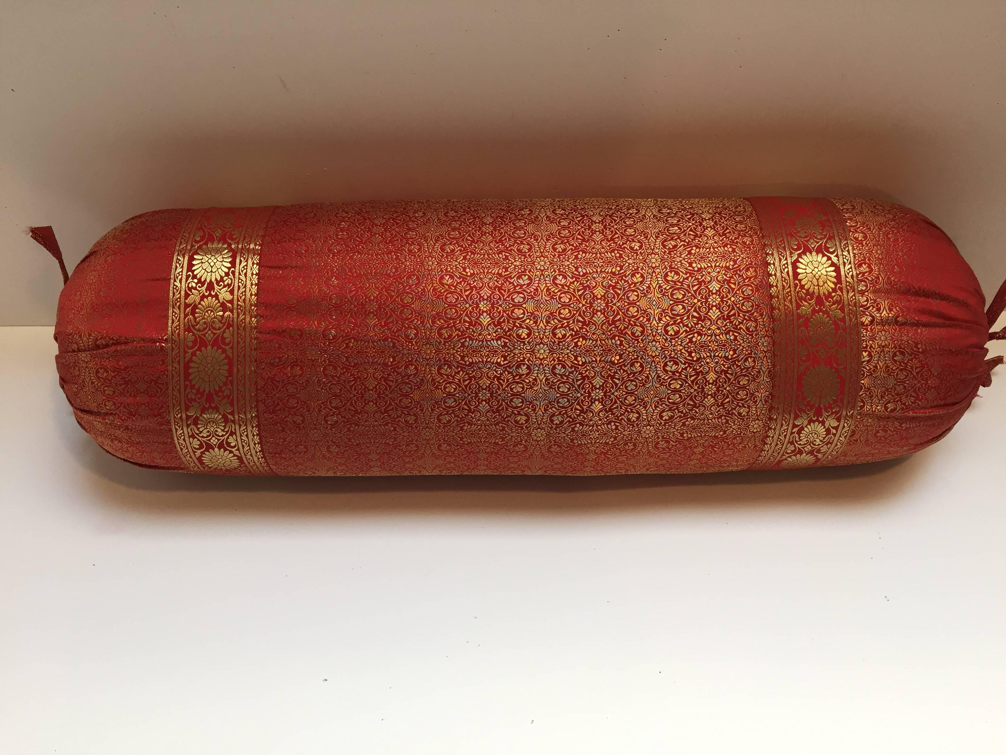 Custom-made pair of silk bolster pillows made from vintage wedding silk saris in red and gold colors.
Very large size: 30 inches long x 9.5 inches diameter.