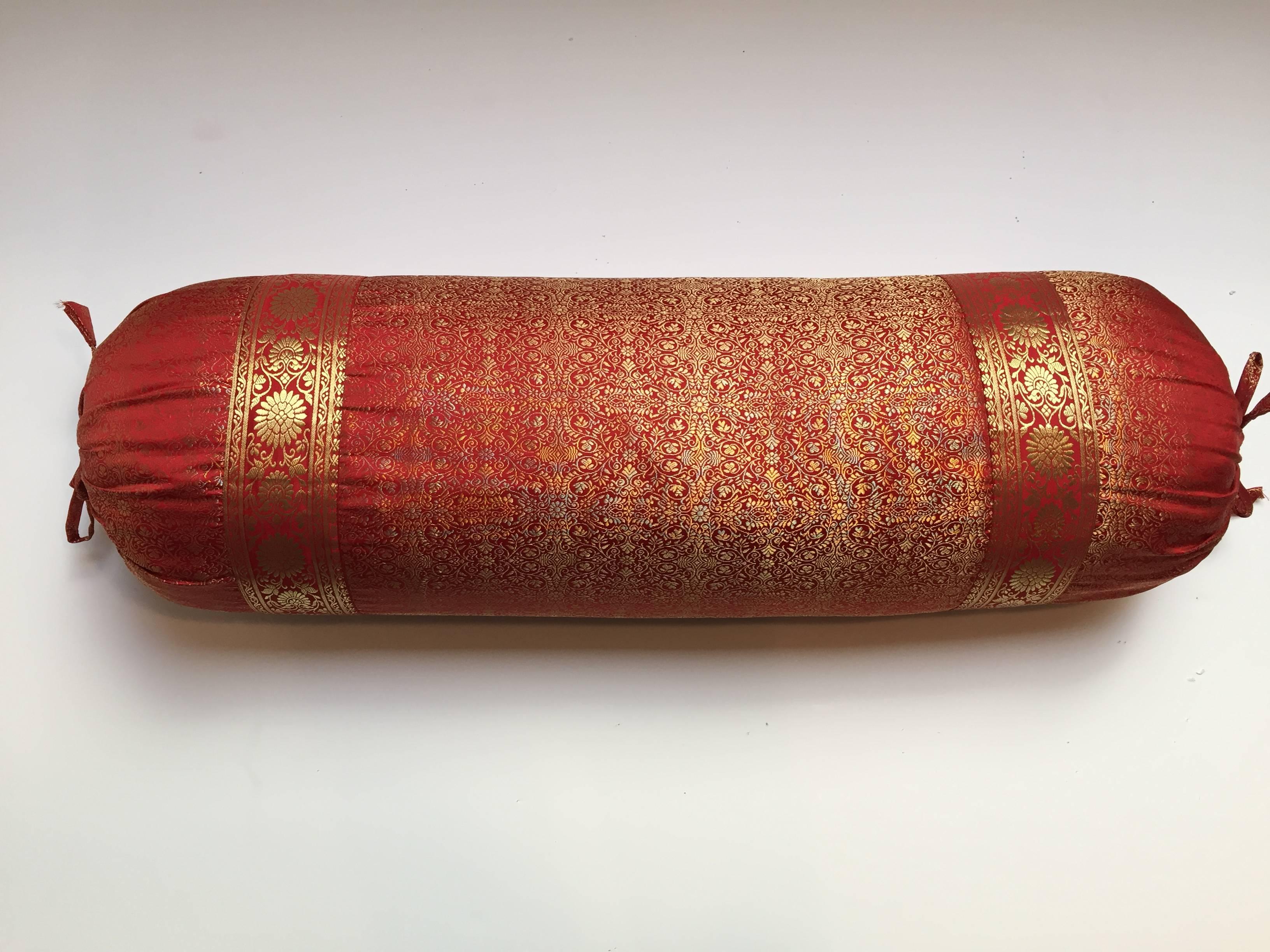Anglo Raj Pair of Large Silk Bolster Pillows Made from Vintage Wedding Silk Saris
