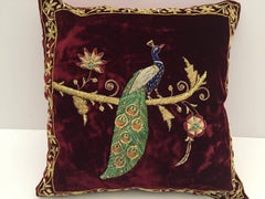 Velvet Burgundy Throw Silk Pillow Embroidered with Gold Peacock