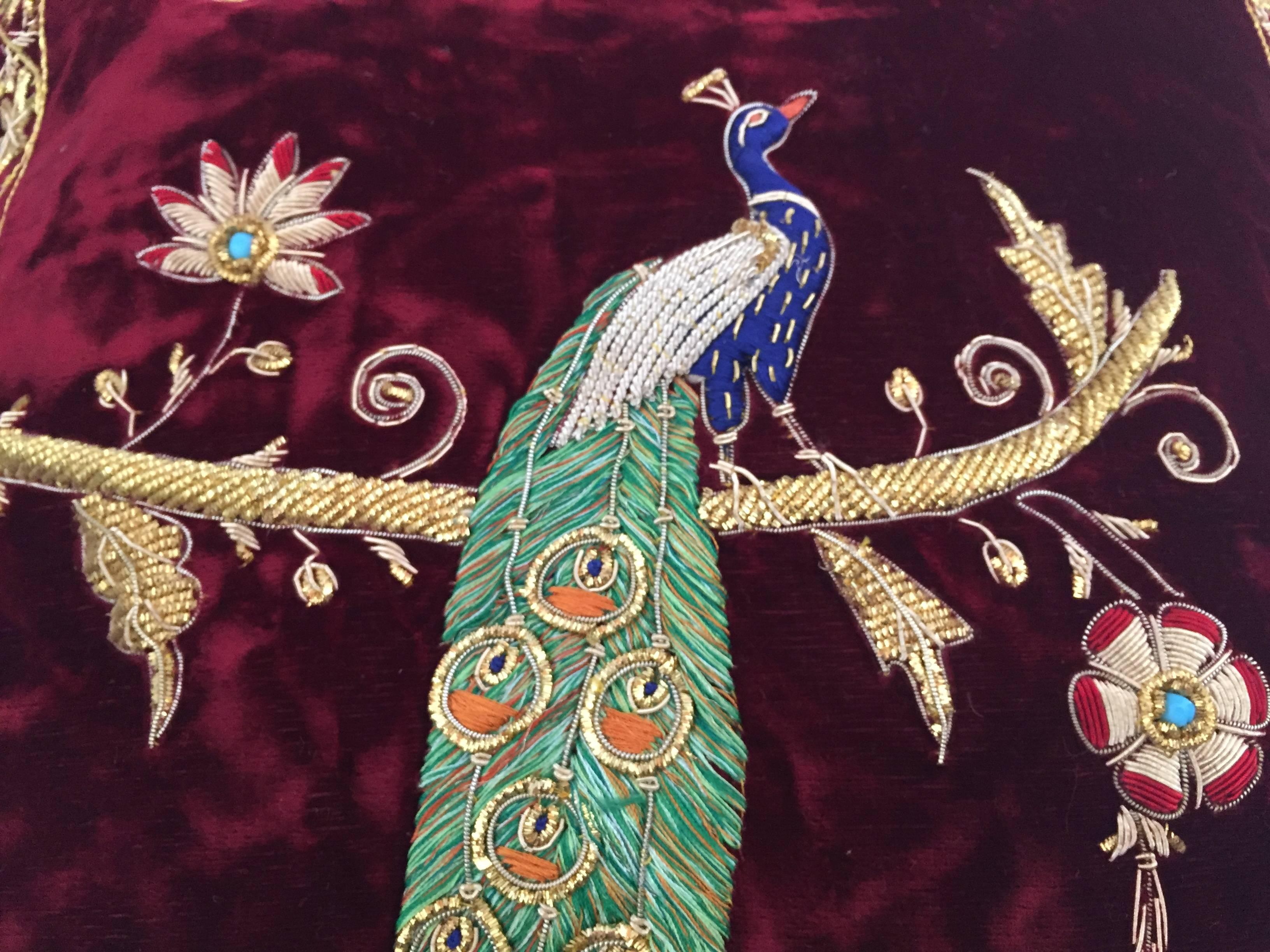 Anglo Raj Velvet Burgundy Throw Silk Pillow Embroidered with Gold Peacock