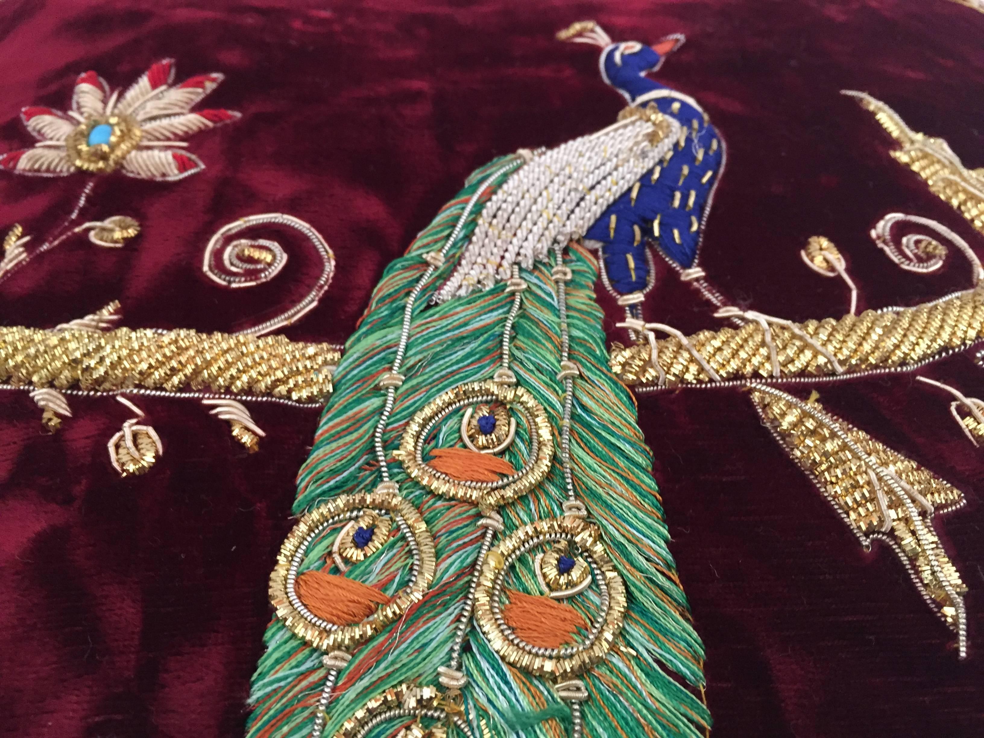 Indian Velvet Burgundy Throw Silk Pillow Embroidered with Gold Peacock