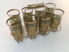 Vintage Set of Eight Culver Toledo Drink Set with Brass Cart