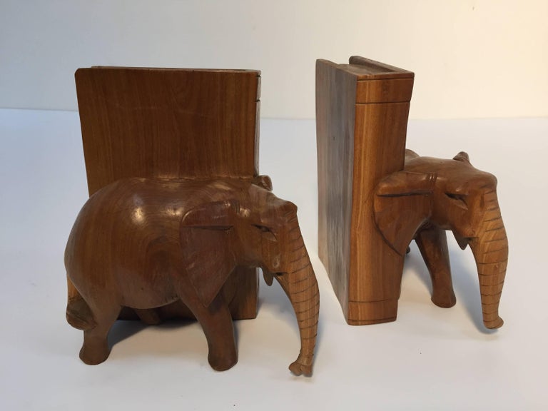 HandCarved Wood Elephant Bookends at 1stDibs