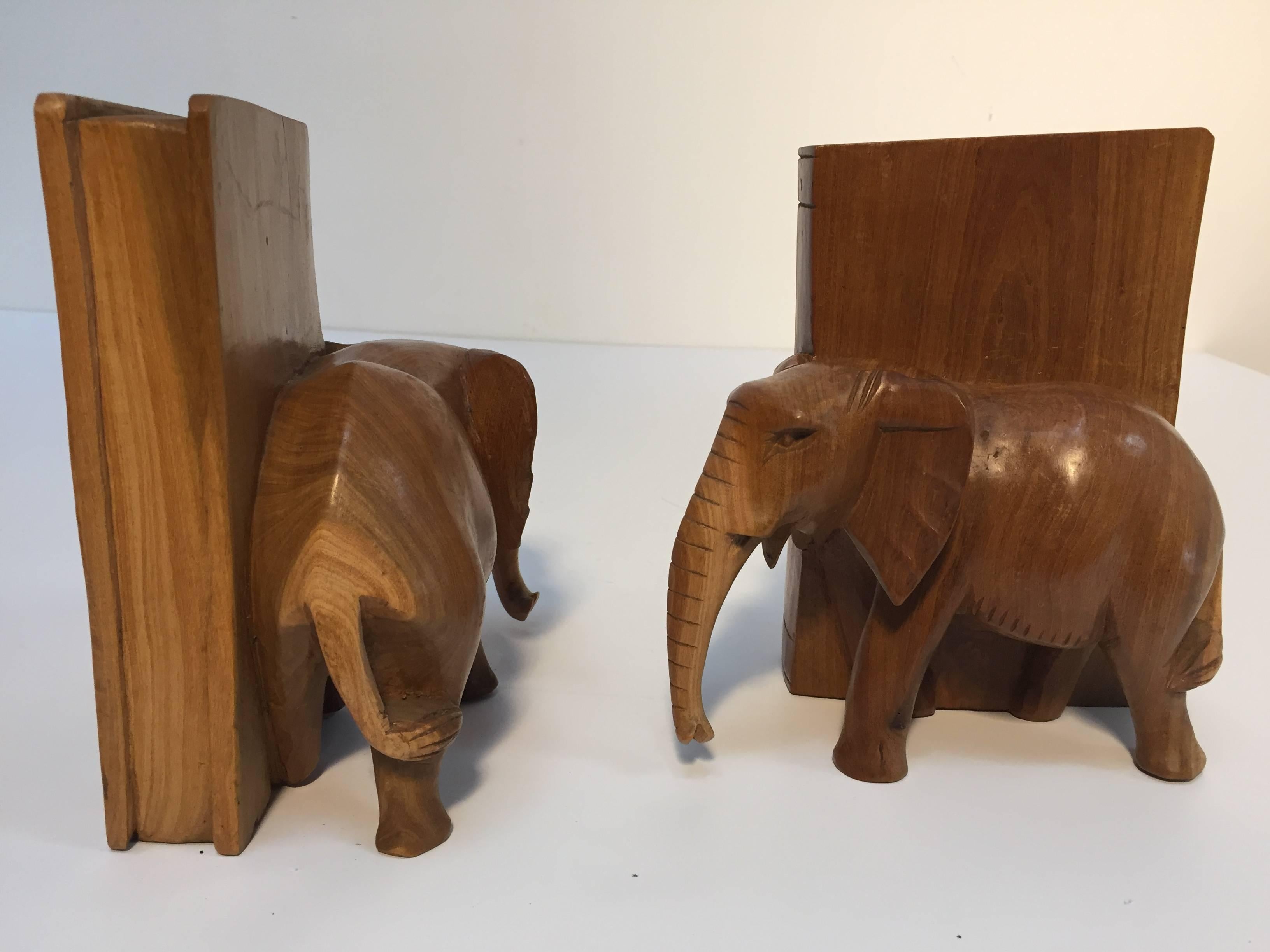 Folk Art Hand-Carved Wood Elephant Bookends