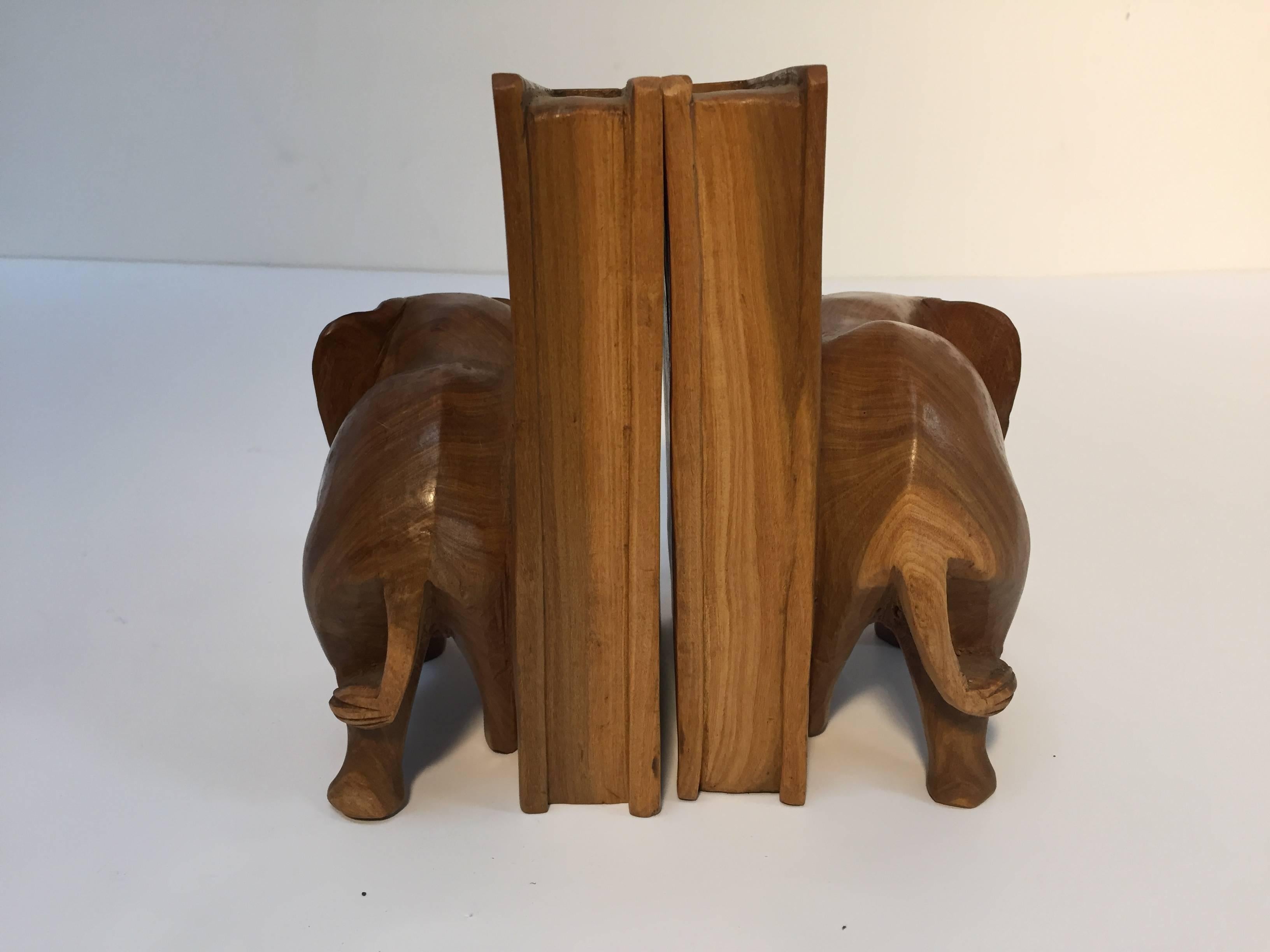 Indian Hand-Carved Wood Elephant Bookends