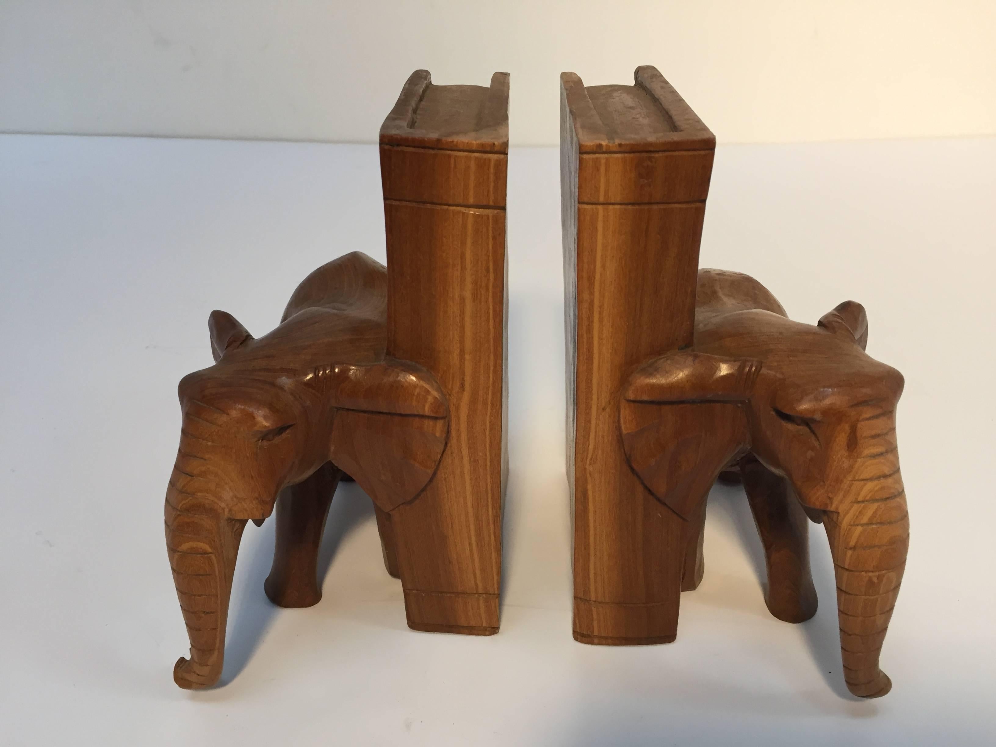 Hand-Carved Wood Elephant Bookends In Good Condition In North Hollywood, CA