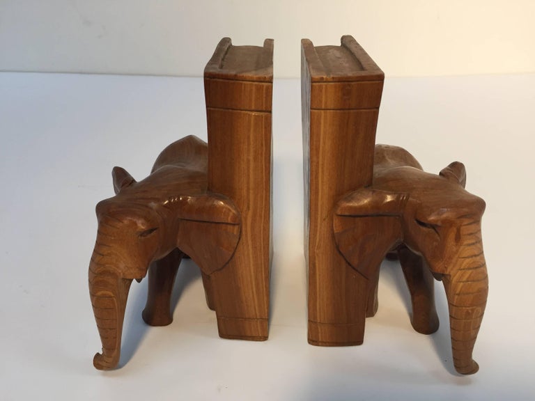 HandCarved Wood Elephant Bookends at 1stDibs