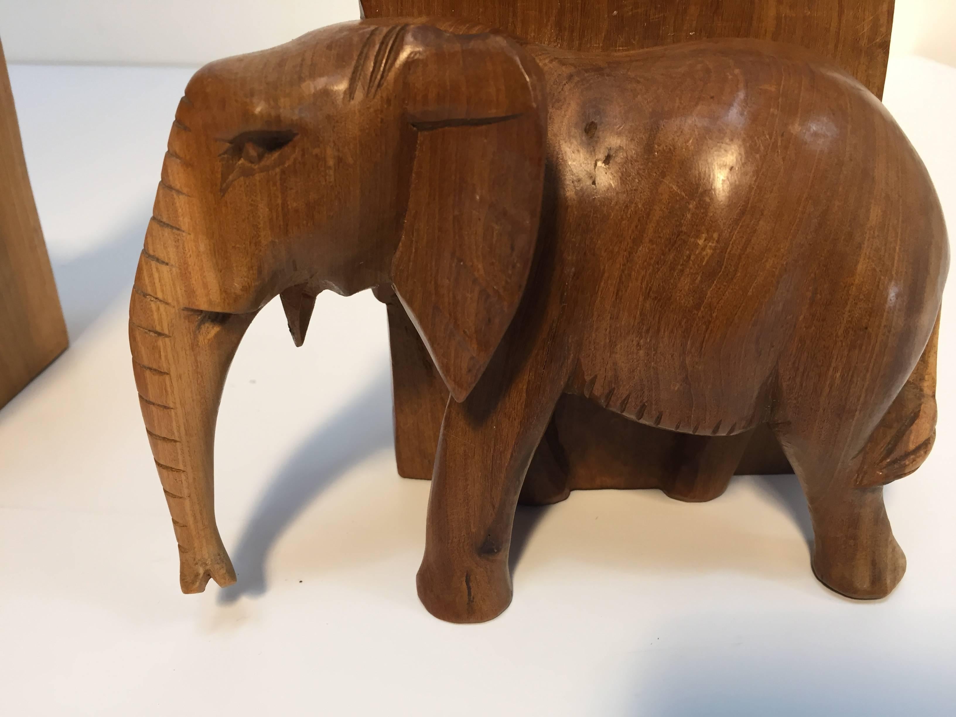 20th Century Hand-Carved Wood Elephant Bookends
