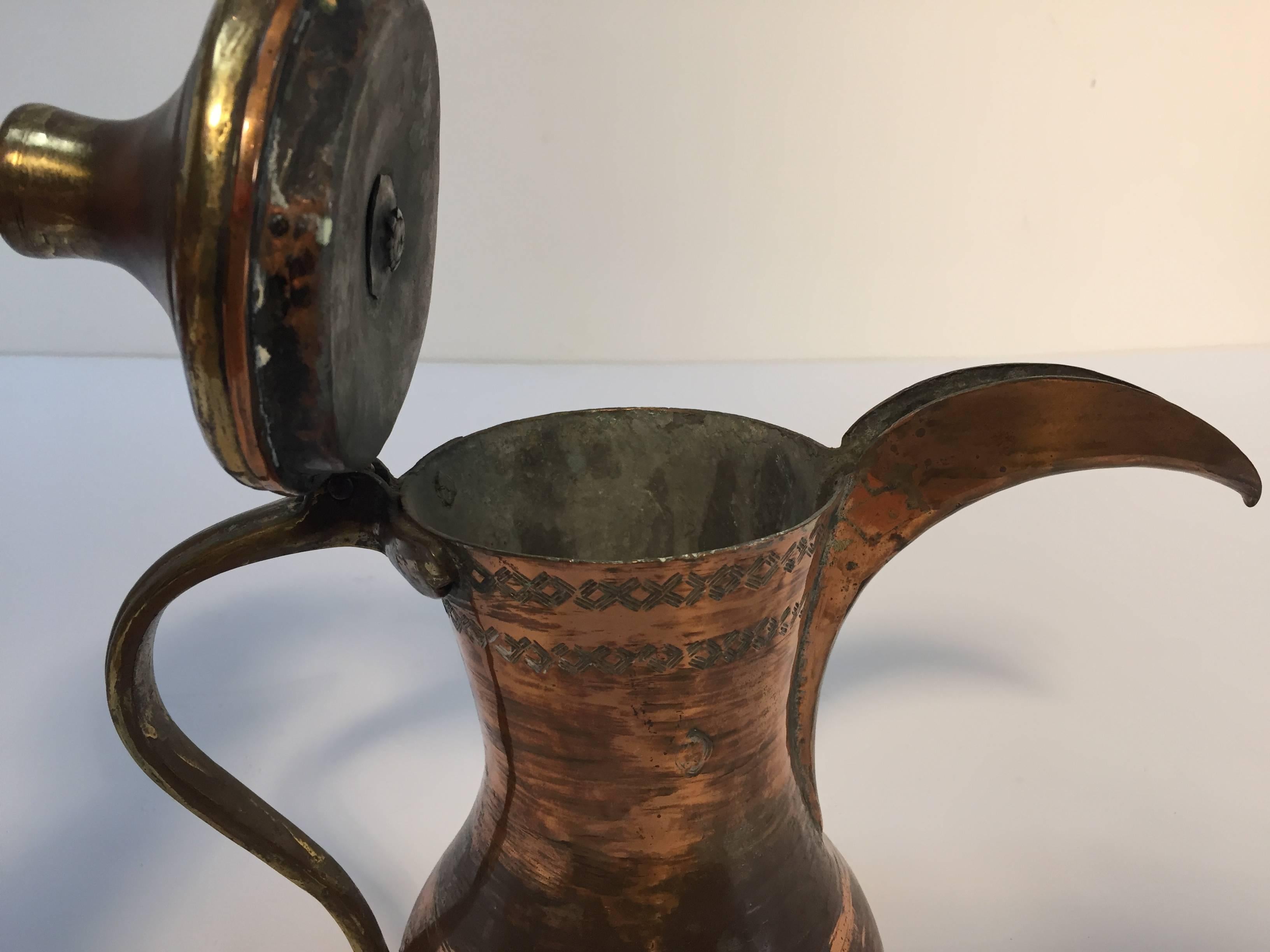 Moorish Middle Eastern Antique Dallah Arabic Copper Coffee Pot For Sale