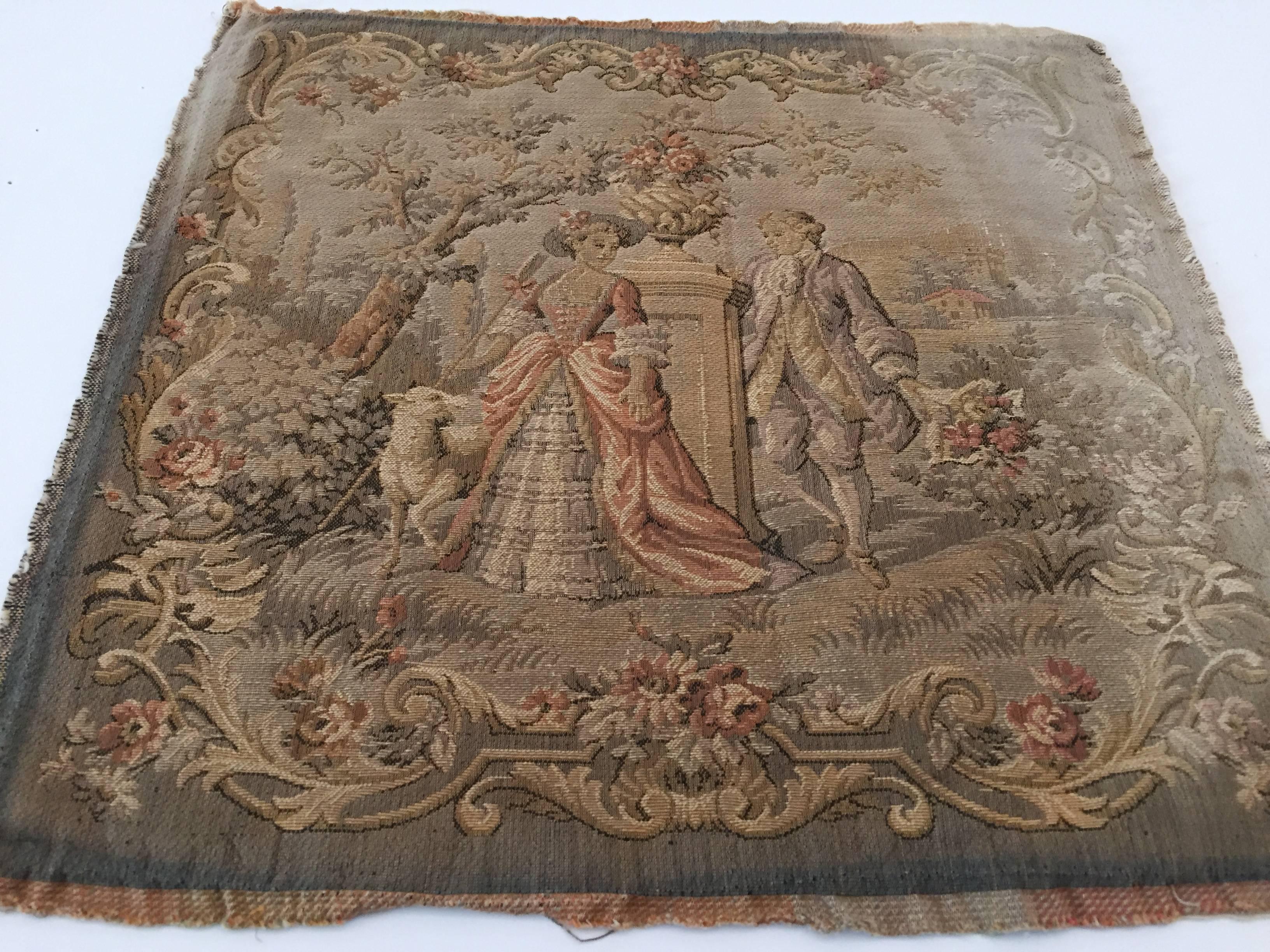 French jacquard woven wool tapestry, in the Aubusson style,
the design depicts a Royal couple with sheep in early 19th century costume in the country side with rich autumn colors, the attention to detail are exquisite.
Golden, gray and brown, pink