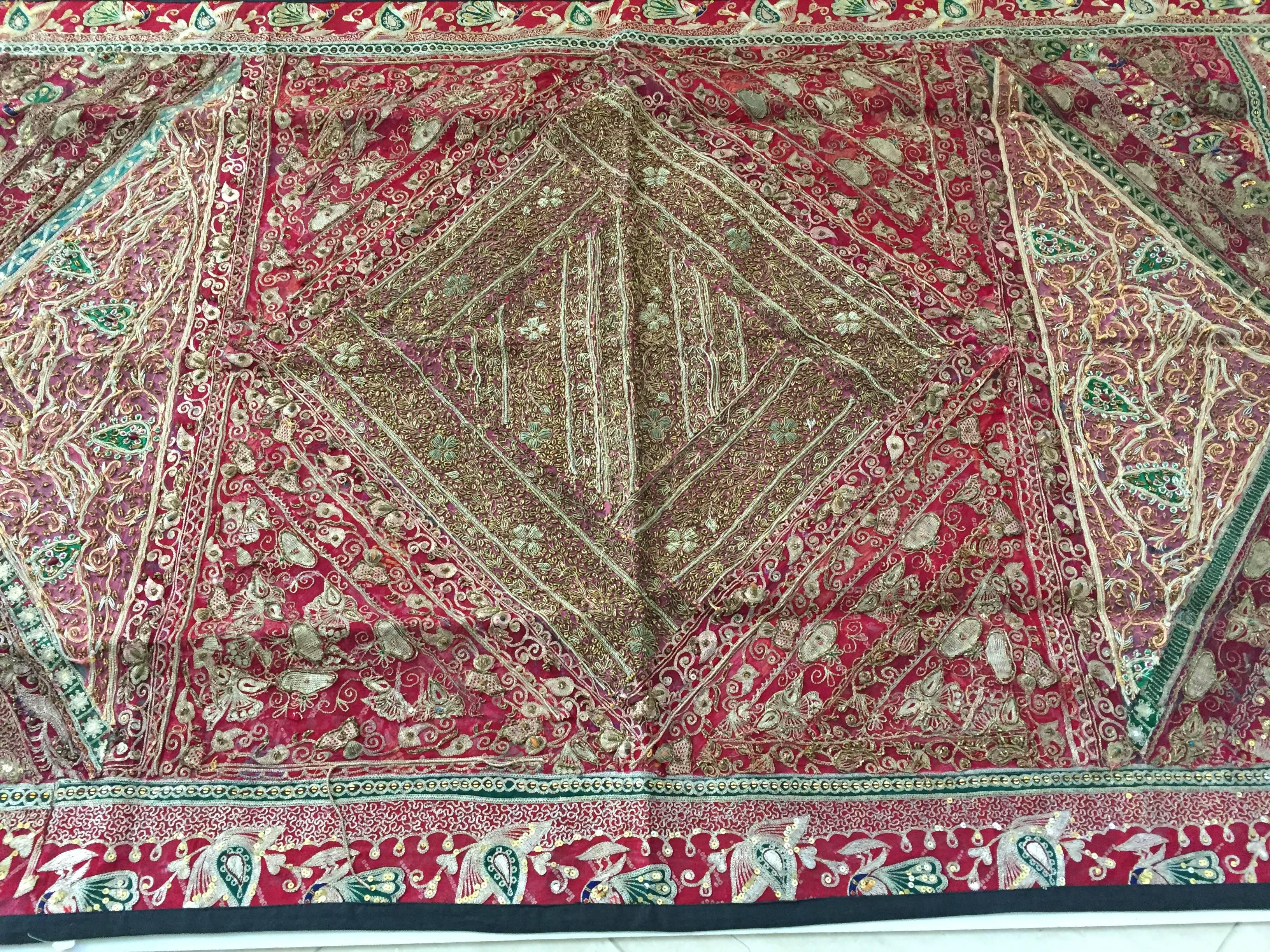 Silk Hand Embroidered Mughal silk and metal threaded tapestry, India For Sale