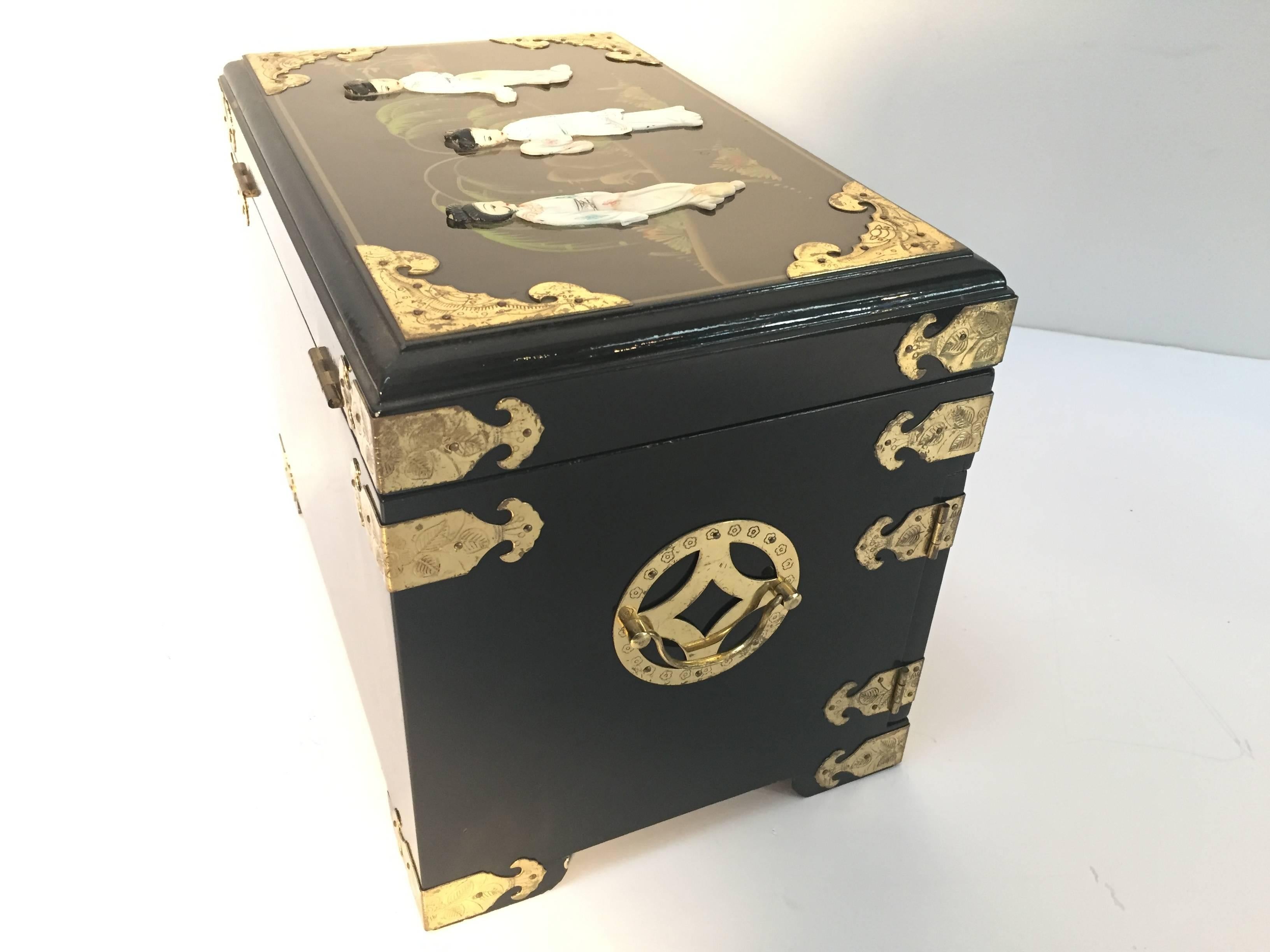 Wood Black Lacquered Chinese Jewelry Box with Mother-of-Pearl Overlay