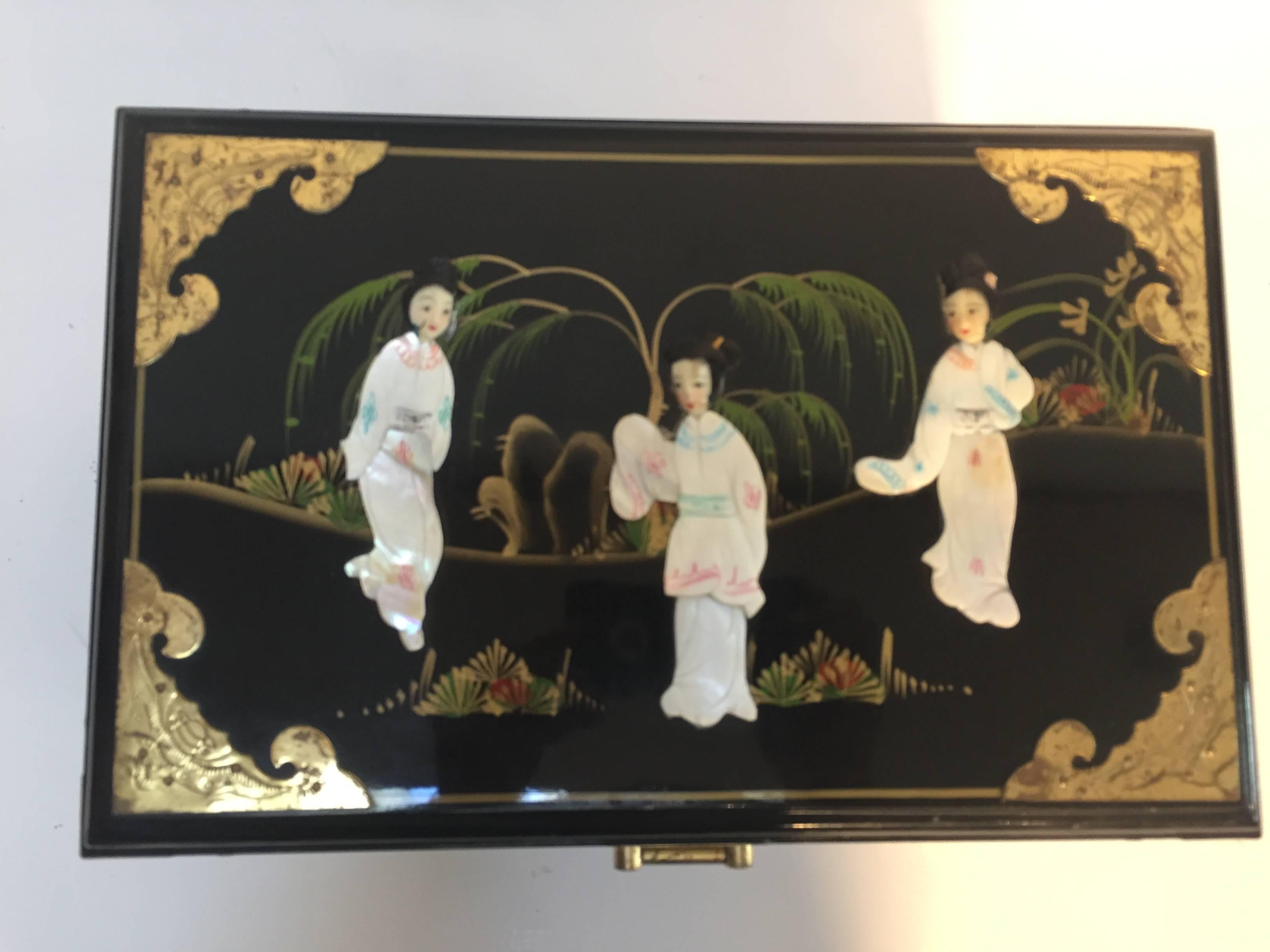 Black Lacquered Chinese Jewelry Box with Mother-of-Pearl Overlay 1