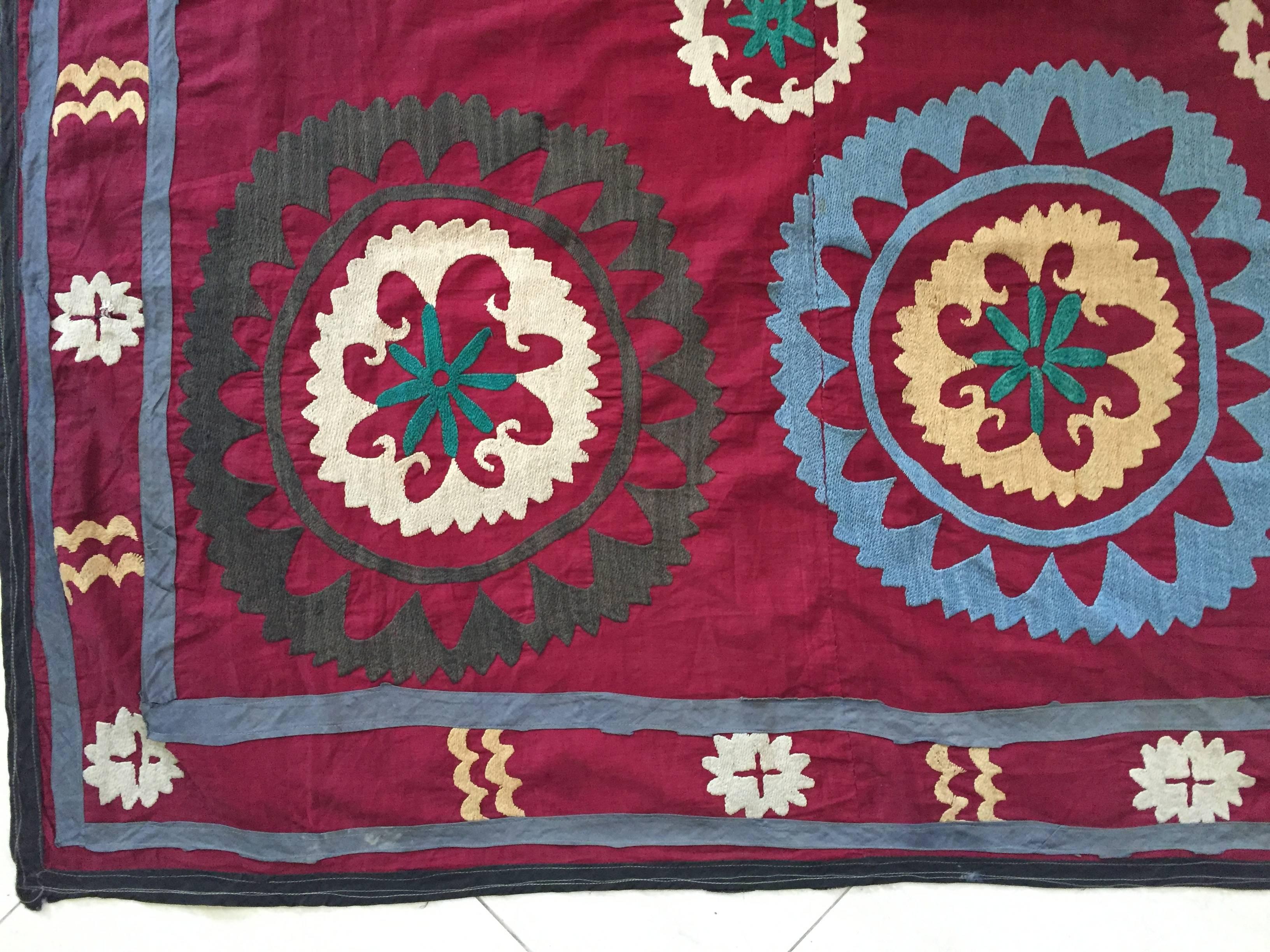Folk Art Large Vintage Uzbek Suzani Needlework Textile Blanket or Tapestry