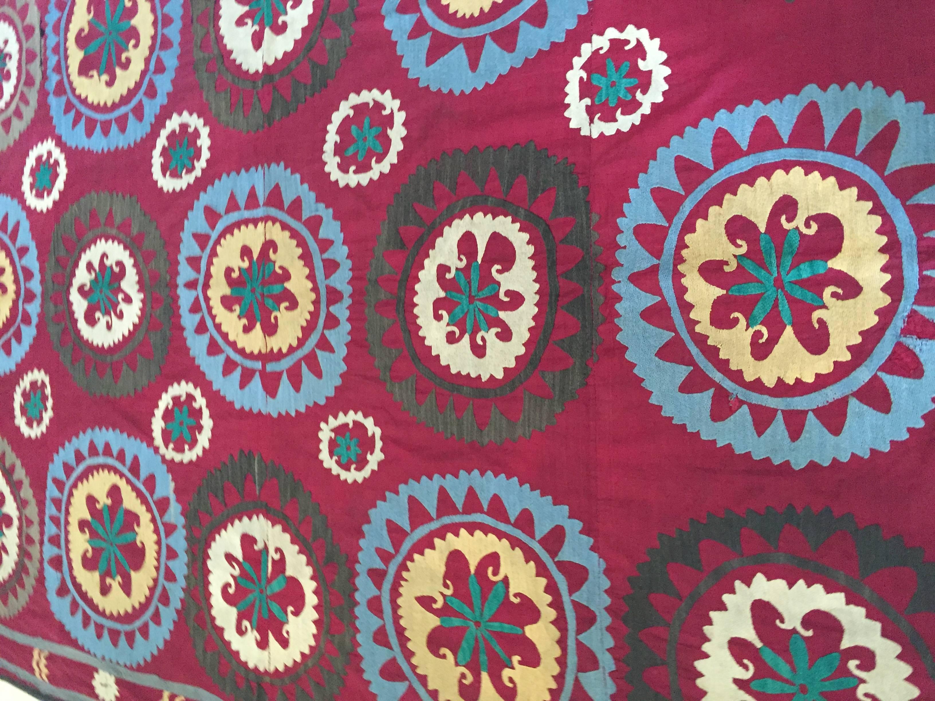 Embroidered Large Vintage Uzbek Suzani Needlework Textile Blanket or Tapestry