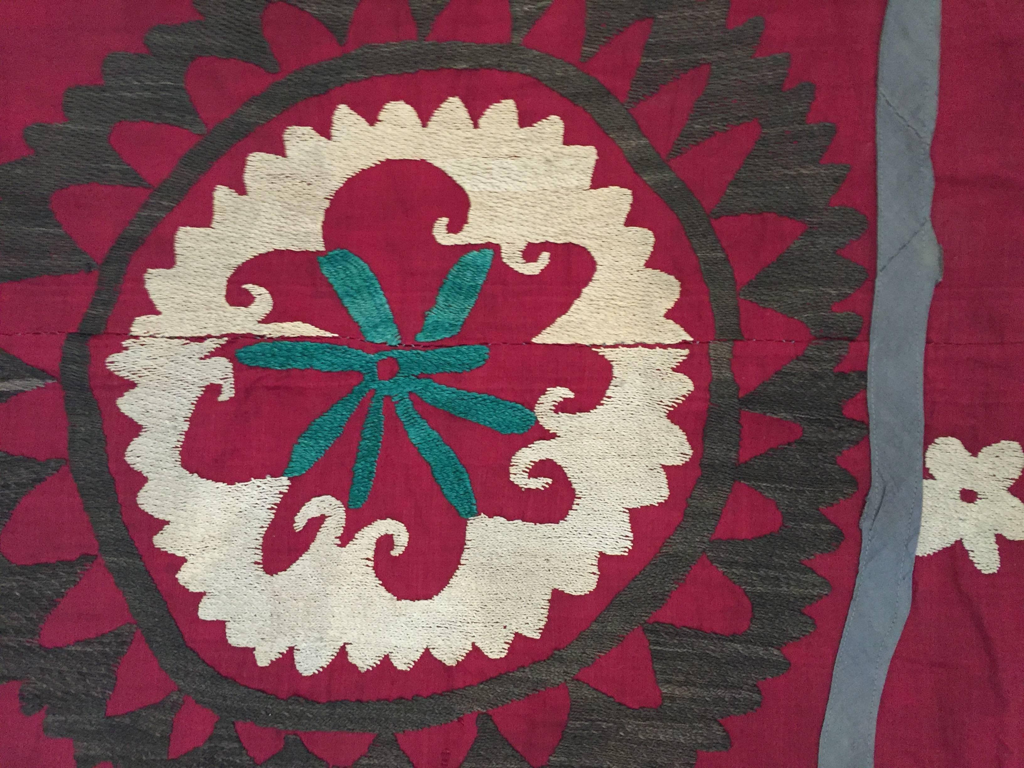 Fabric Large Vintage Uzbek Suzani Needlework Textile Blanket or Tapestry
