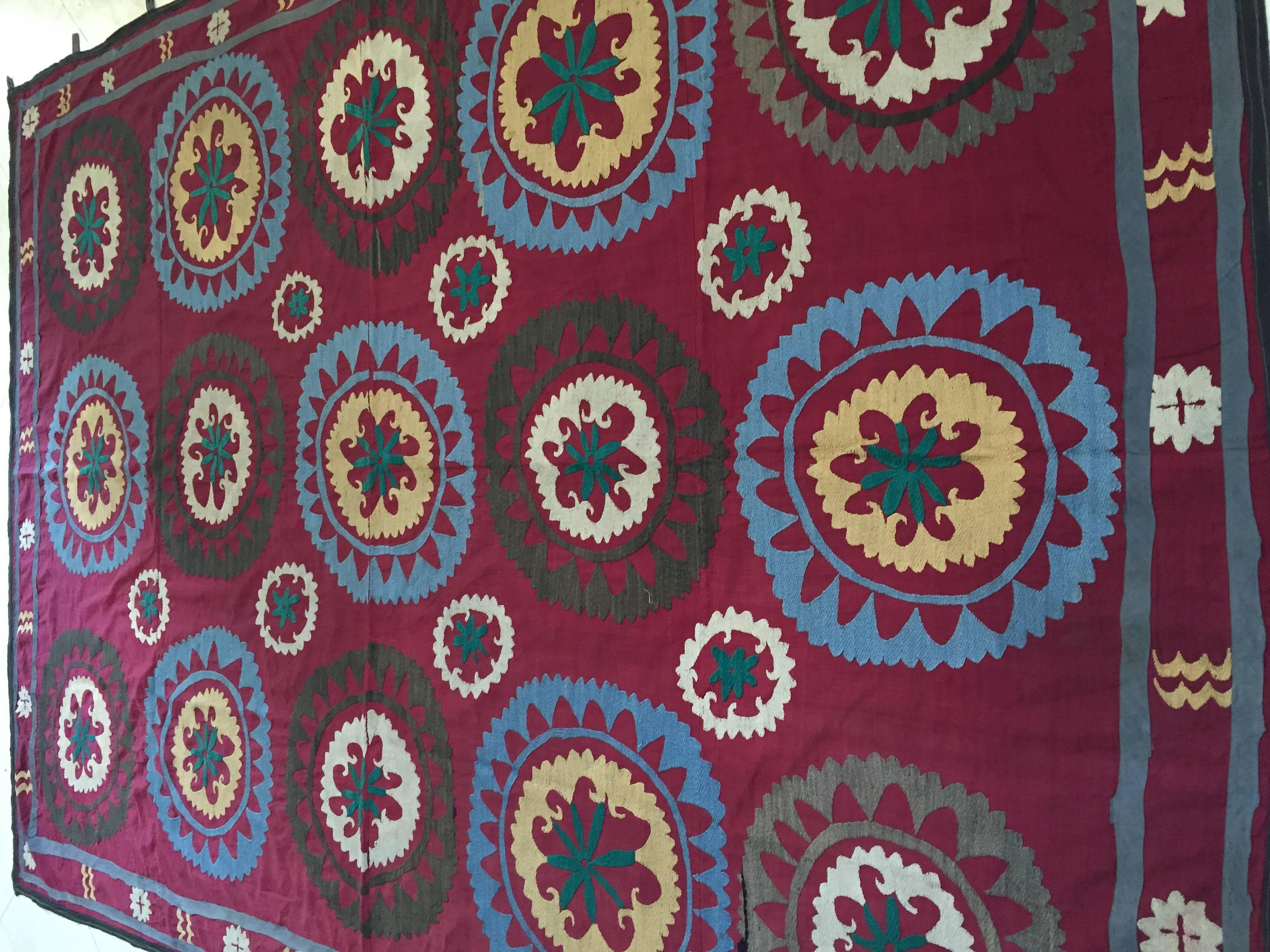 Large Vintage Uzbek Suzani Needlework Textile Blanket or Tapestry 2