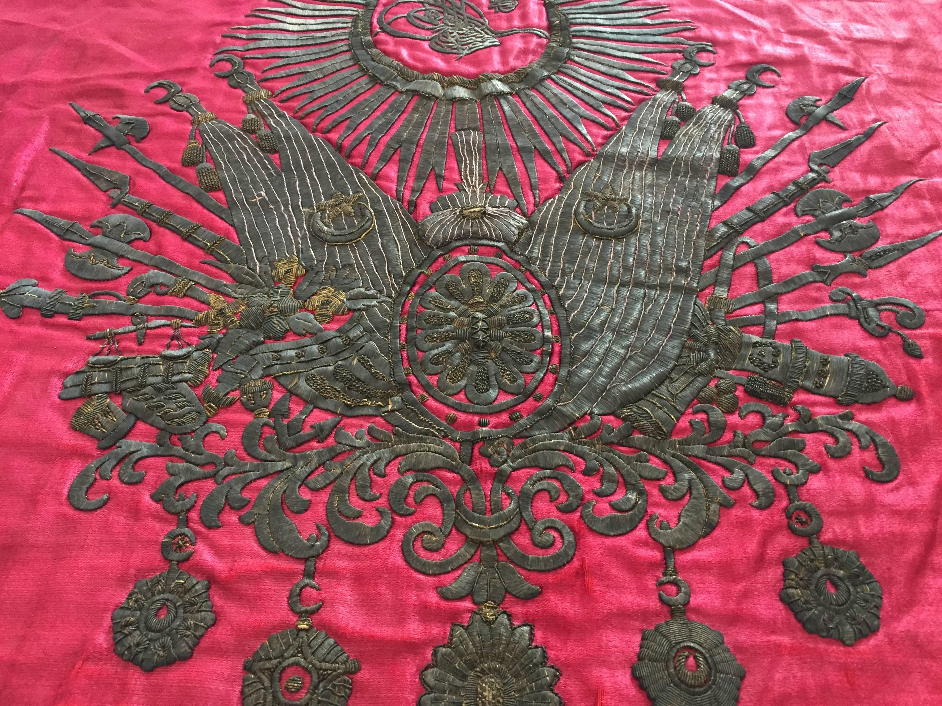 Embroidered 19th Century Ottoman Banner with the Tugrah of Sultan Abdulhamid II