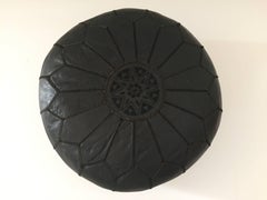 Moroccan Vintage Handcrafted Black Leather Ottoman with Embroideries
