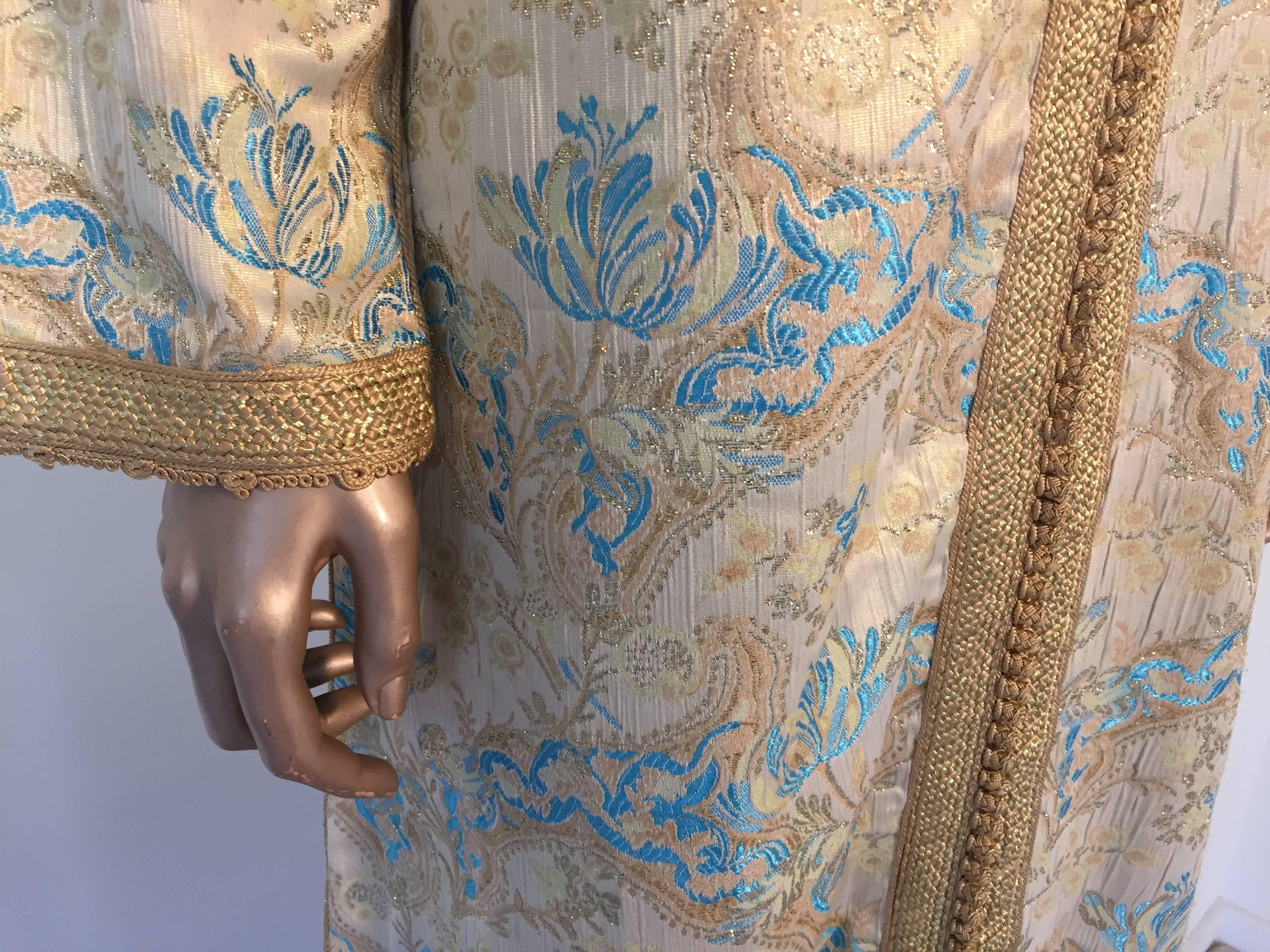 Moorish Moroccan Caftan, Turquoise and Gold Brocade Kaftan Size Medium For Sale