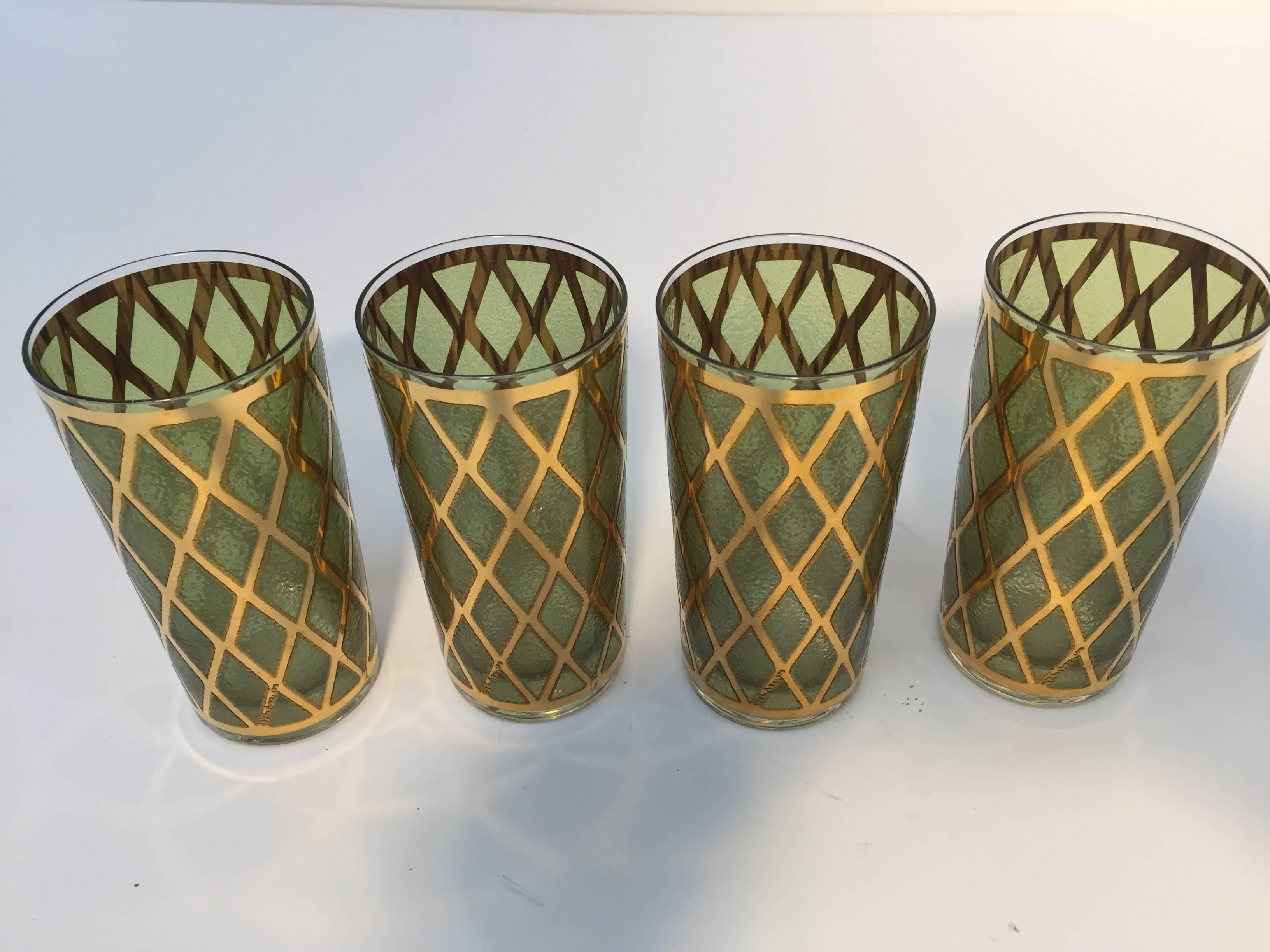 American Set of Four Midcentury Green and Gold Vintage Culver Glasses, circa 1960