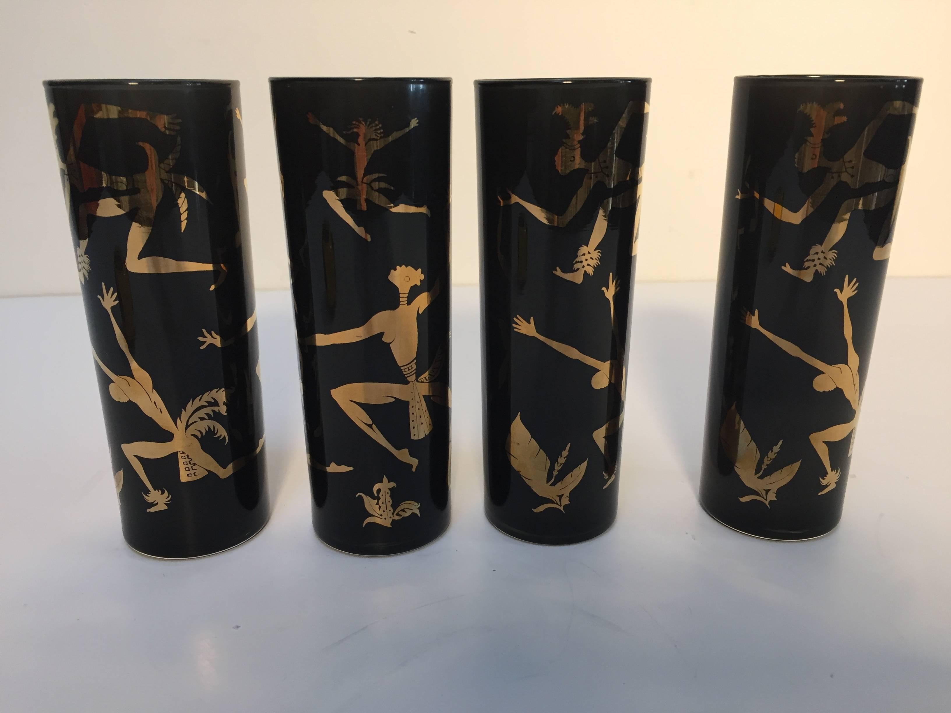 Collectible  Josephine Baker Exotic African Dancers Gold and Black Barware 1950s.
1950s Josephine Baker Exotic African Dancers Black Highball Cocktail Glasses Set
Josephine Baker 