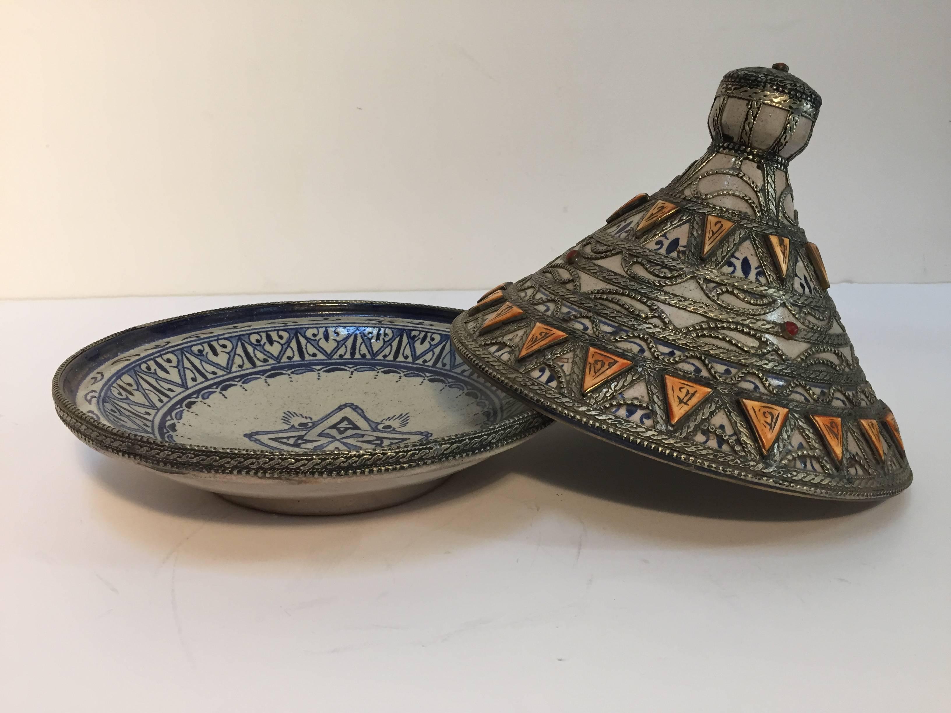 Hand-Crafted Moroccan Ceramic Polychrome Tajine with Leather Stones and Metal Overlay
