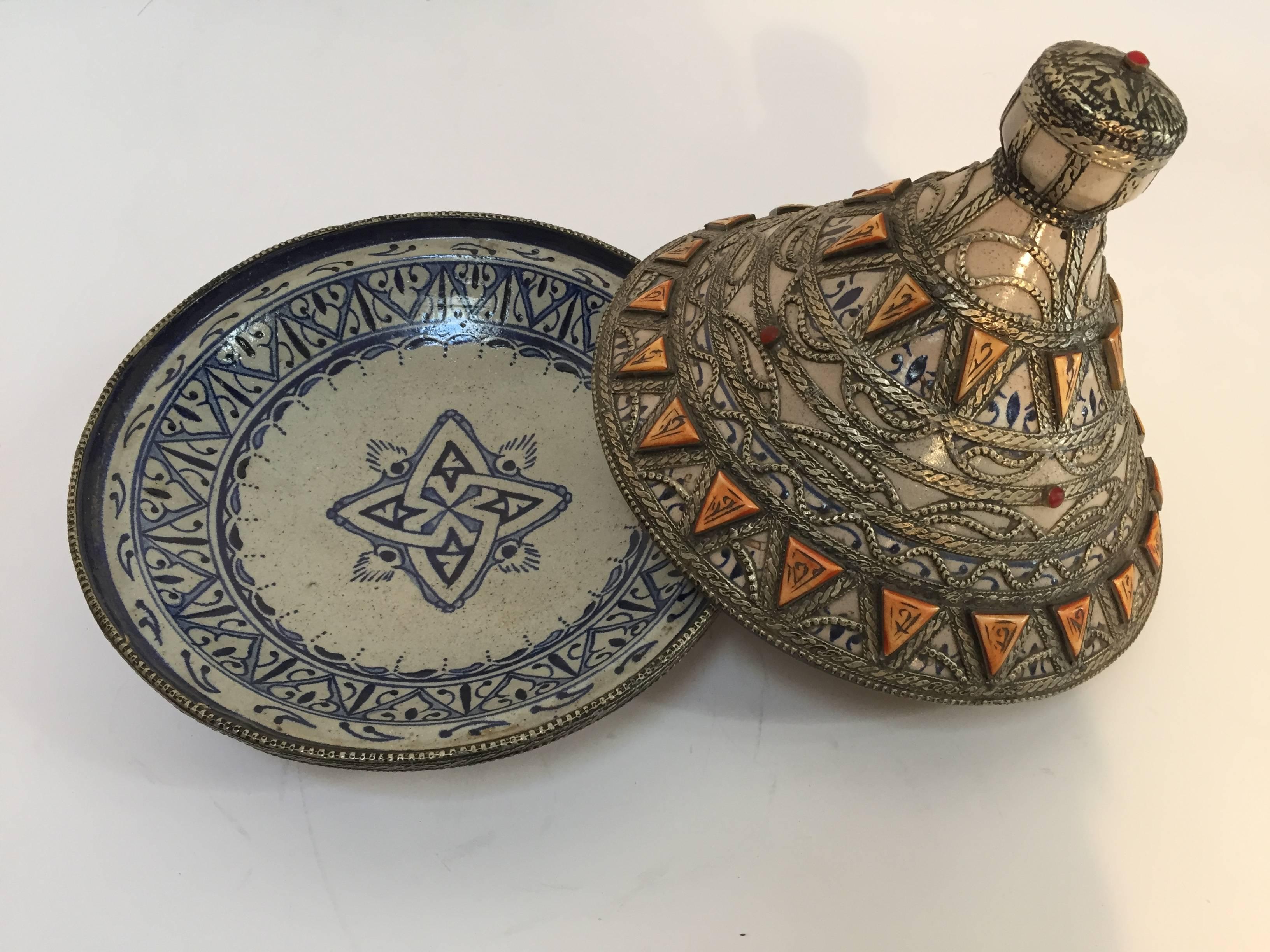 Islamic Moroccan Ceramic Polychrome Tajine with Leather Stones and Metal Overlay